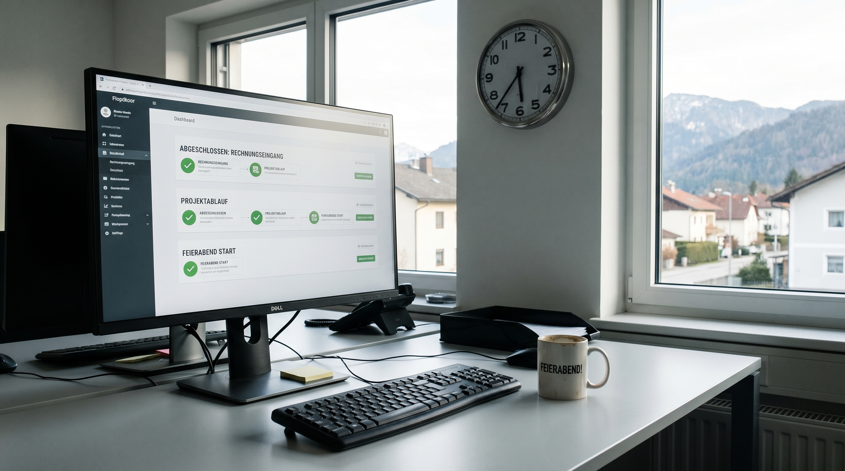 Ein aufgeräumter, moderner Schreibtisch in einem österreichischen KMU-Büro, auf dem Bildschirm ein Dashboard mit automatisierten Workflows, daneben eine Kaffeetasse und eine Uhr, die auf Feierabend zeigt — symbolisch für gewonnene Zeit durch Automatisierung.