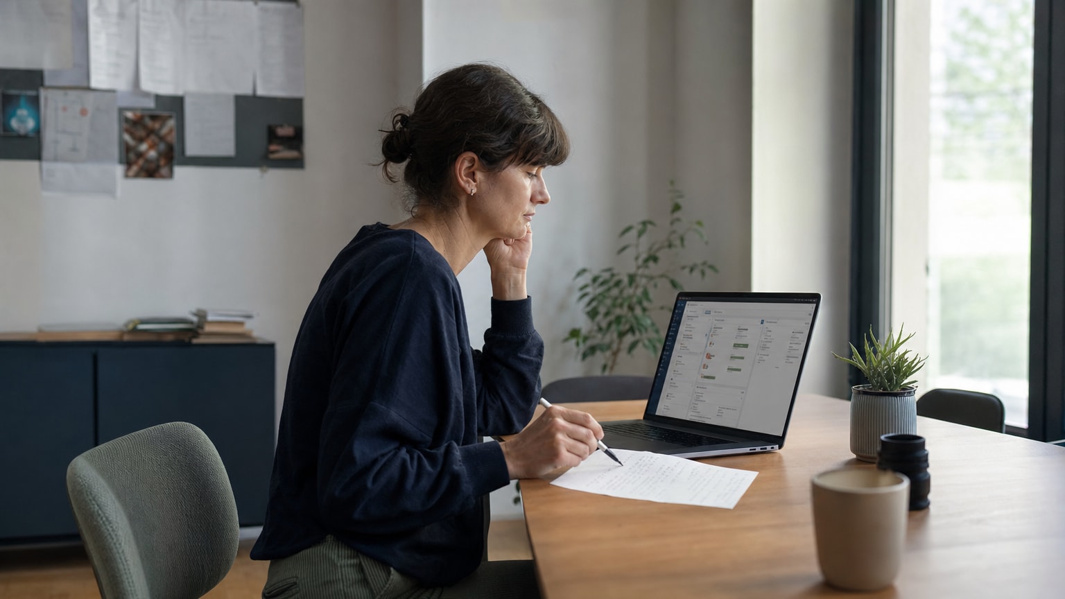 Ein aufgeräumter Schreibtisch mit einem modernen Laptop, auf dem ein CRM-Dashboard zu sehen ist. Daneben liegt ein einzelner handgeschriebener Notizzettel — als Symbol des Übergangs von analog zu digital. Warme, professionelle Büroatmosphäre.