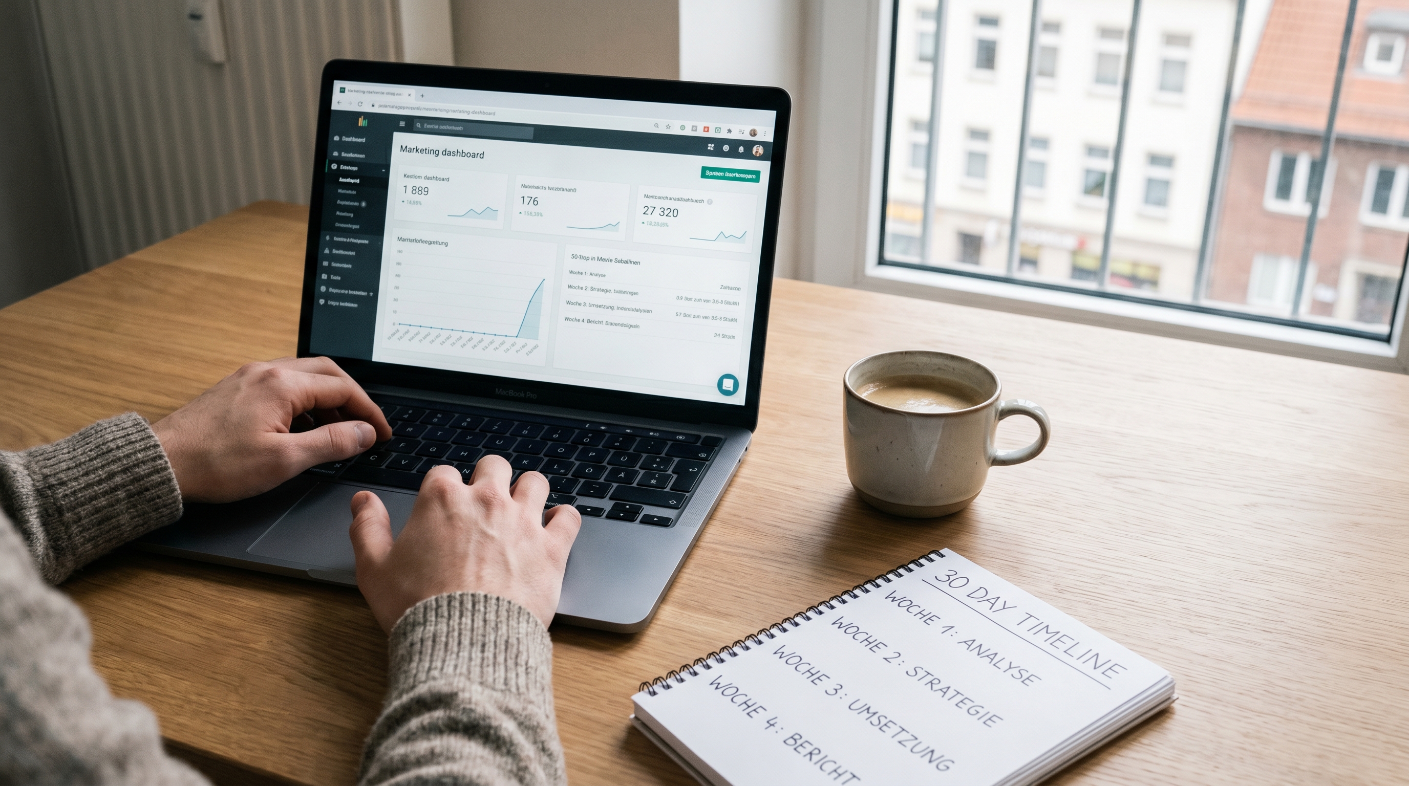 Ein aufgeräumter, moderner Schreibtisch mit Laptop, auf dem ein Marketing-Dashboard zu sehen ist. Daneben eine Tasse Kaffee und ein Notizblock mit einer klaren 30-Tage-Timeline. Helle, konzentrierte Atmosphäre – ein Mensch arbeitet fokussiert allein.