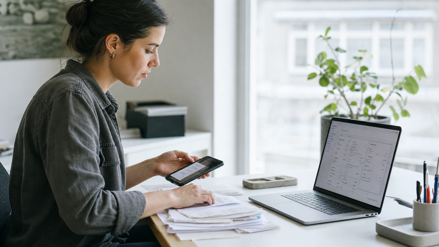 Ein moderner, aufgeräumter Schreibtisch. Auf der einen Seite ein kleiner Stapel Papierrechnungen, in der Mitte ein Smartphone, das gerade einen Beleg scannt. Auf dem Bildschirm eines Laptops daneben sieht man die digital erfassten Daten in einer Software-Oberfläche. Hell, sauber, professionell.