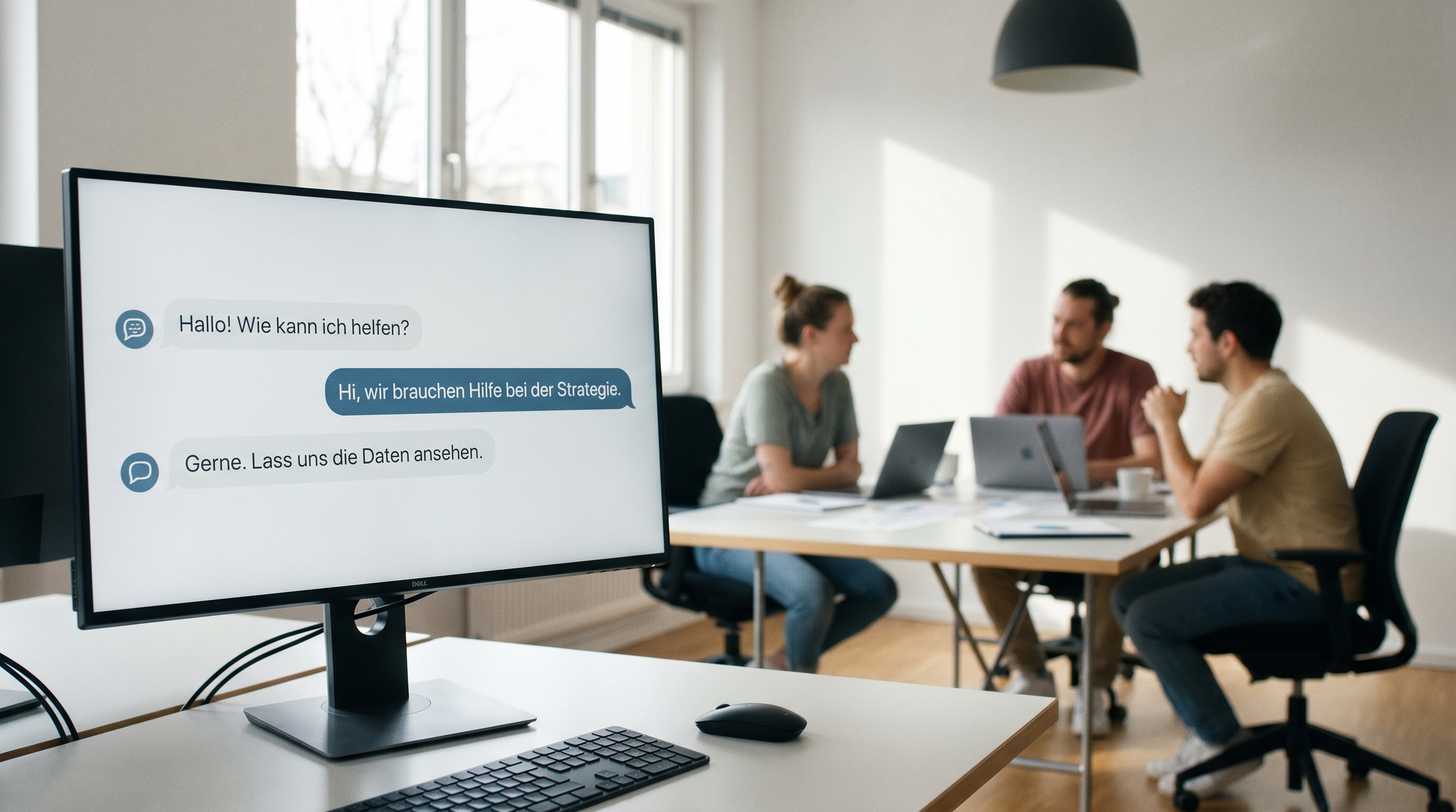 Ein modernes, helles Büro mit einem großen Bildschirm, auf dem eine Chat-Oberfläche zu sehen ist. Ein freundlicher Chatbot-Dialog läuft, während im Hintergrund ein entspanntes Team an strategischen Aufgaben arbeitet.