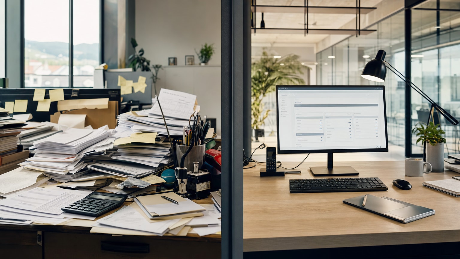 Geteiltes Bild: links ein überladener Schreibtisch mit Papier-Angeboten, Taschenrechner und Post-its; rechts ein aufgeräumter Arbeitsplatz mit einem modernen Dashboard, das ein fertiges Angebot in wenigen Klicks zeigt. Warme, professionelle Farbgebung.