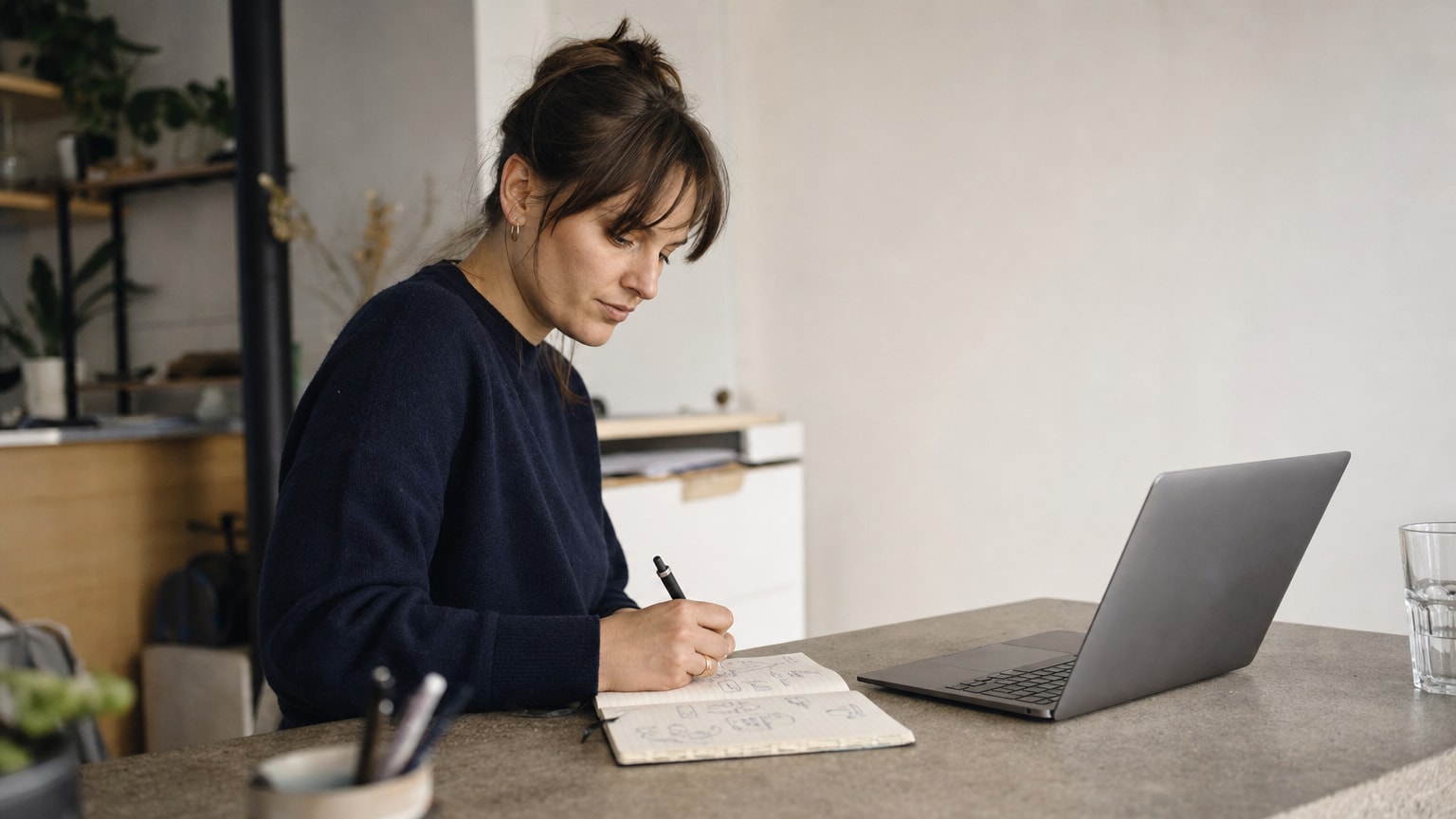 Ein Schreibtisch mit aufgeklapptem Laptop, daneben ein Notizbuch mit Skizzen einer Content-Strategie. Warmes Licht, aufgeräumt, keine Person im Bild – symbolisiert strukturiertes, ruhiges Arbeiten an Marketing-Aufgaben.
