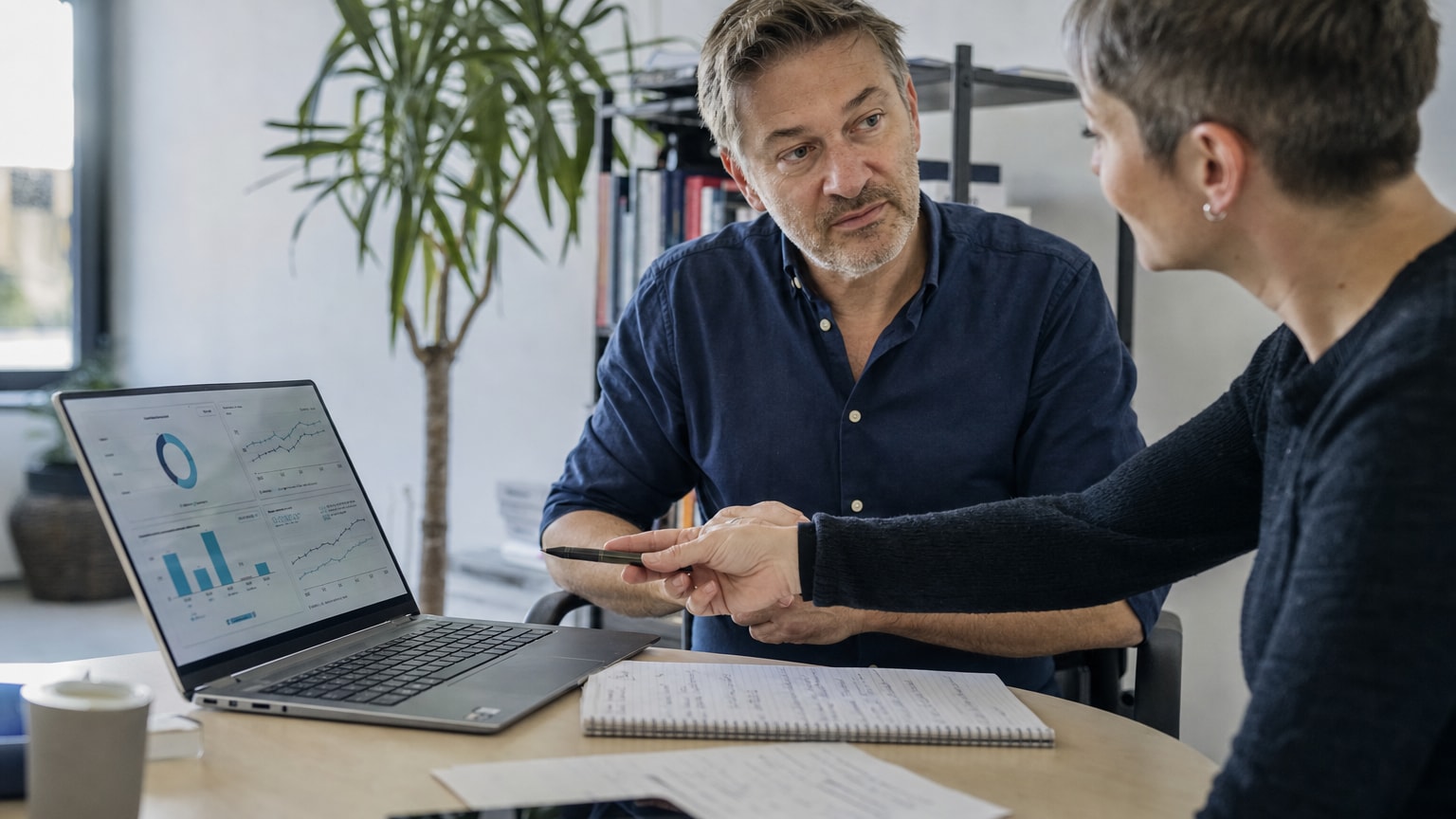 Ein aufgeräumter Schreibtisch mit Laptop, auf dem ein Dashboard mit Marketing-Kennzahlen zu sehen ist. Daneben eine Checkliste auf Papier, teils abgehakt. Helle, sachliche Atmosphäre, österreichisches KMU-Büro.