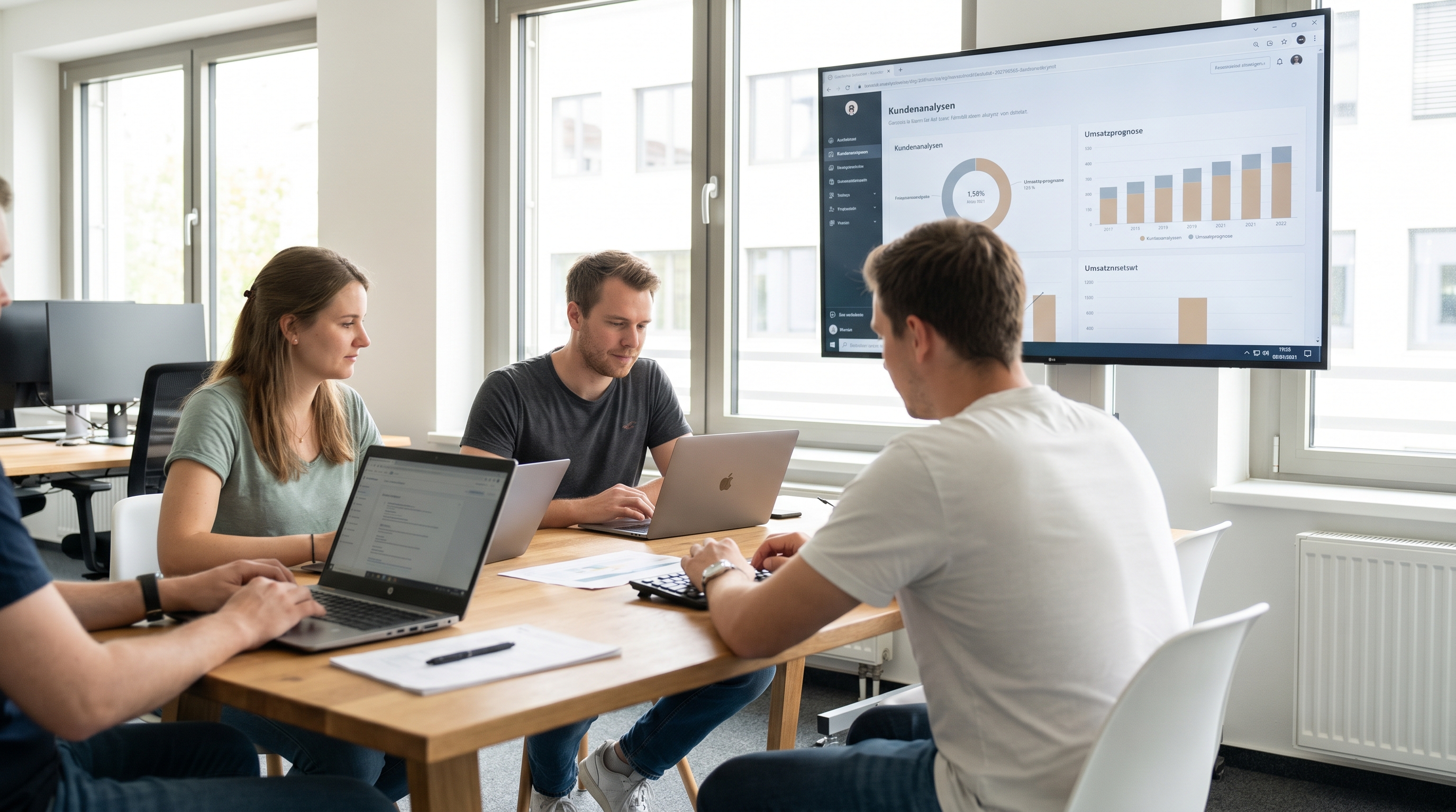 Moderne, helle Büroumgebung mit einem kleinen Team, das an Laptops arbeitet, während auf einem großen Bildschirm ein KI-Dashboard mit Kundendaten und Umsatzgrafiken zu sehen ist. Warme, optimistische Farbgebung.