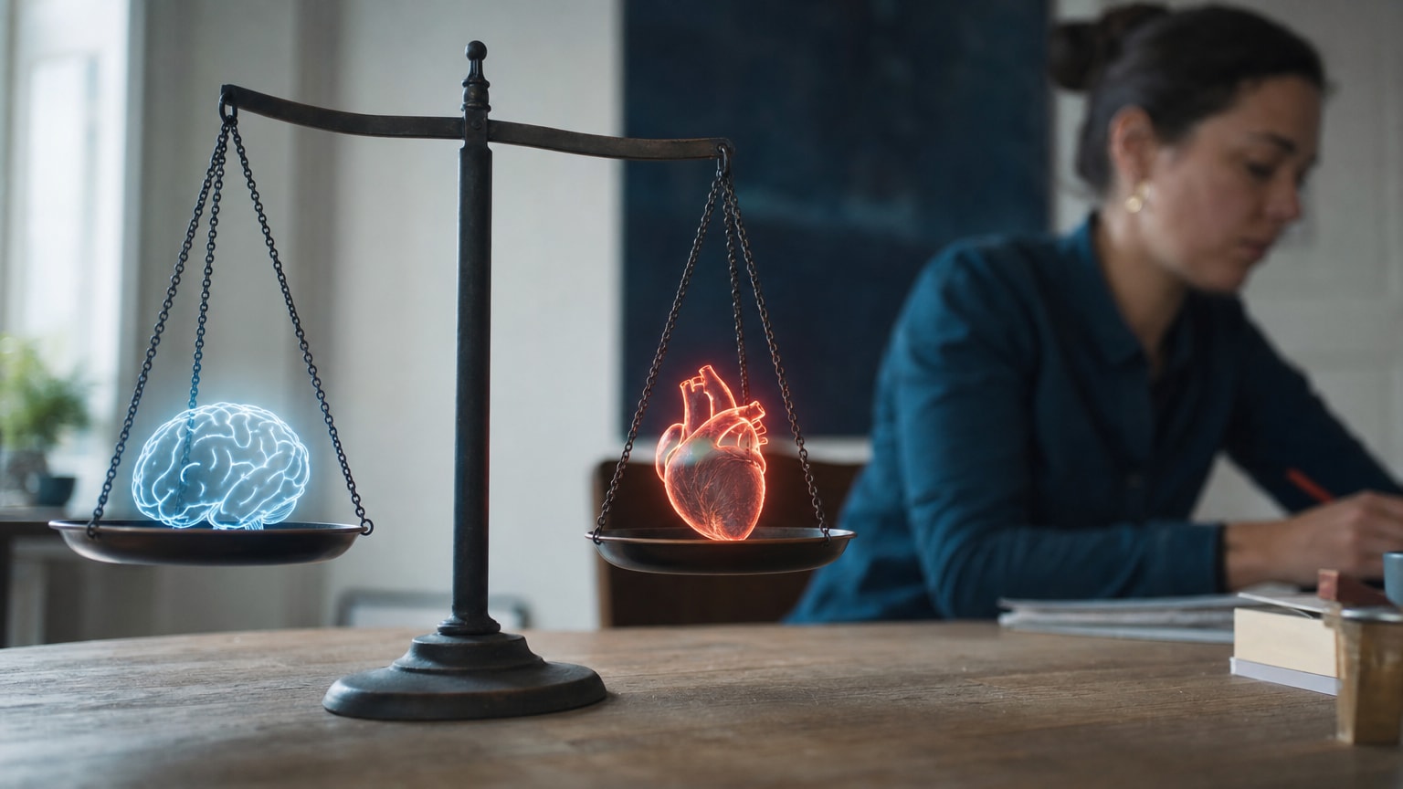 Eine stilisierte Waage, die in perfekter Balance ist. Auf der einen Waagschale liegt ein leuchtendes Gehirn-Symbol, das für KI und Technologie steht. Auf der anderen Waagschale liegt ein menschliches Herz-Symbol, das Ethik und Vertrauen repräsentiert.