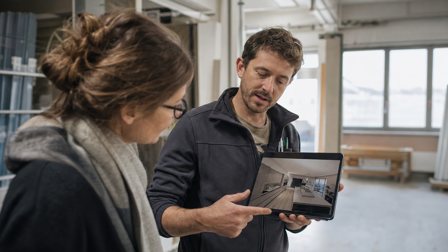Ein Handwerker zeigt einem Kunden auf einem Tablet einen fotorealistischen KI-generierten Entwurf einer modernen Küche, helle Werkstatt-Atmosphäre, warmes Licht, professionelles Setting.