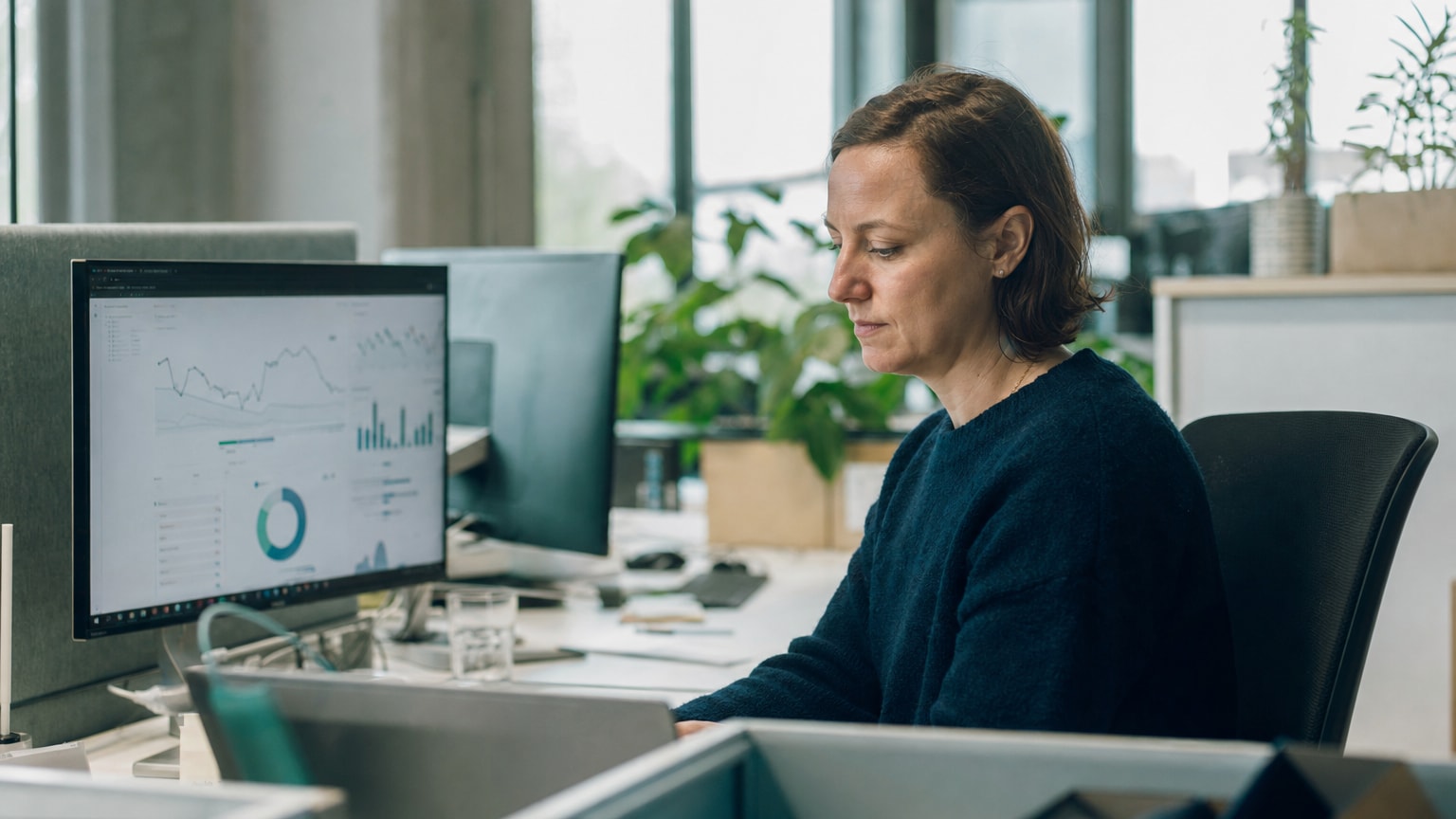 Ein modernes Büro-Dashboard mit abstrakten Datenvisualisierungen und Trendlinien, die Content-Performance und Marktbewegungen zeigen. Warme, professionelle Farbgebung in Blau- und Grüntönen, österreichisches KMU-Ambiente.