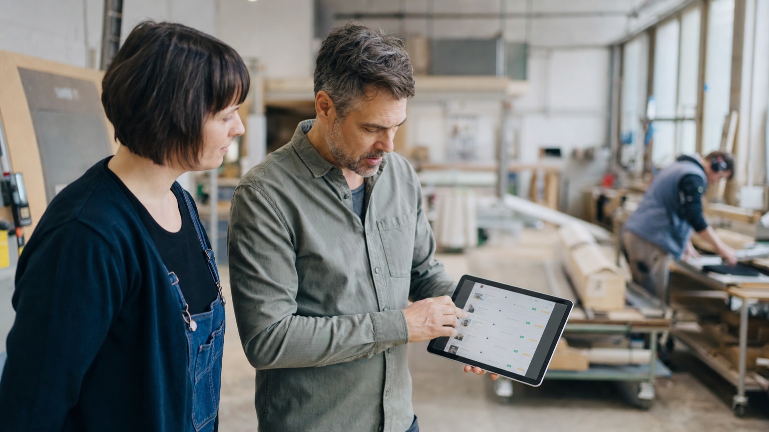 Ein heller, moderner Handwerksbetrieb mit Werkstatt im Hintergrund; im Vordergrund ein Tablet-Display, das ein digitales Bewerbermanagement-Dashboard zeigt. Warme, optimistische Lichtstimmung.