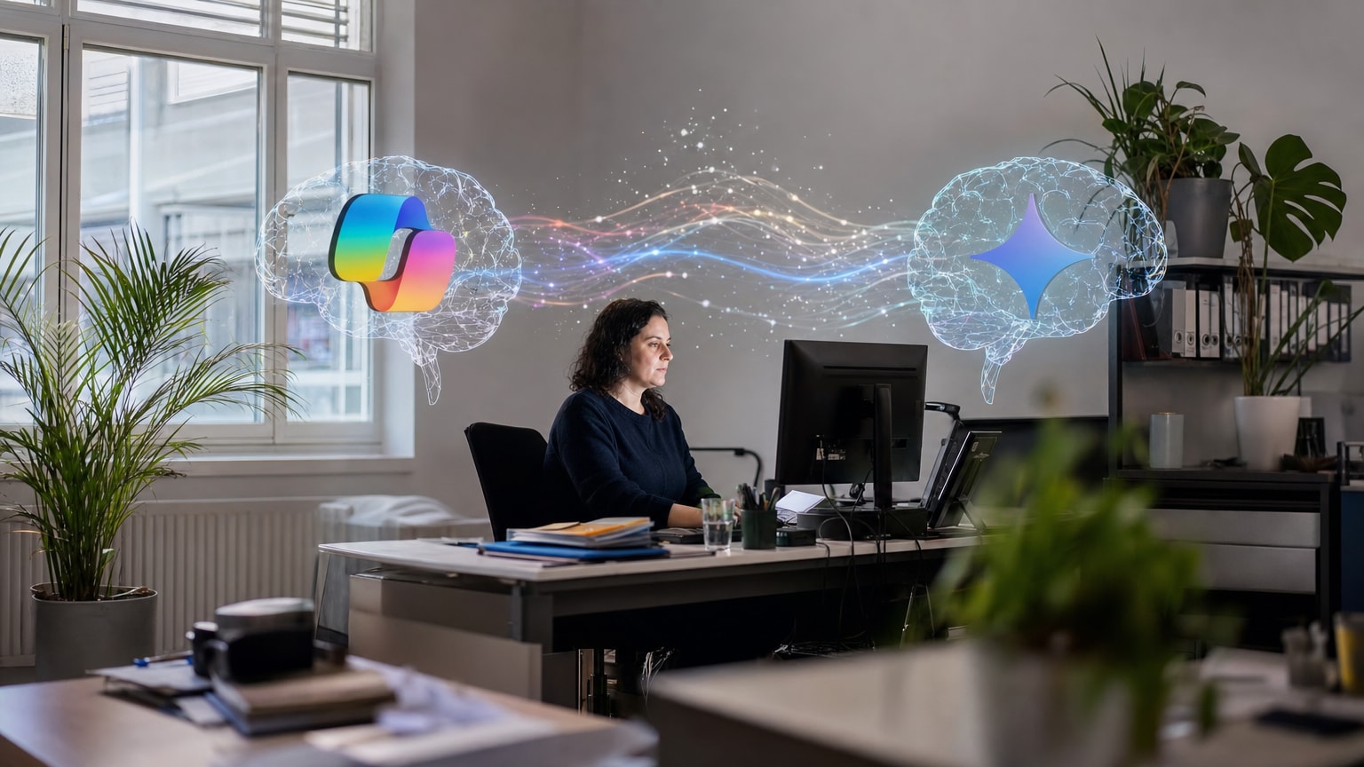 Eine stilisierte, futuristische Darstellung zweier Gehirnhälften, eine mit dem Microsoft Copilot Logo, die andere mit dem Google Gemini Logo, verbunden durch leuchtende Datenströme. Der Hintergrund ist ein modernes Büro eines österreichischen KMU.
