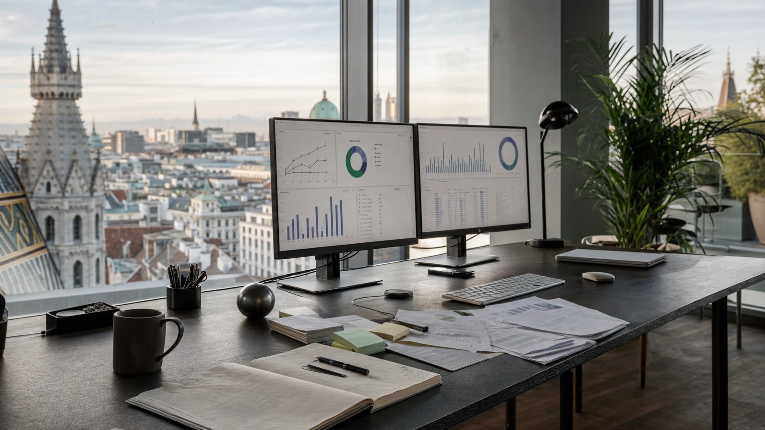 Modernes Büro in Wien mit großen Bildschirmen, auf denen Daten-Dashboards und Marketing-Analysen zu sehen sind. Im Hintergrund dezent die Wiener Skyline. Warme, professionelle Atmosphäre ohne Stockfoto-Charakter.