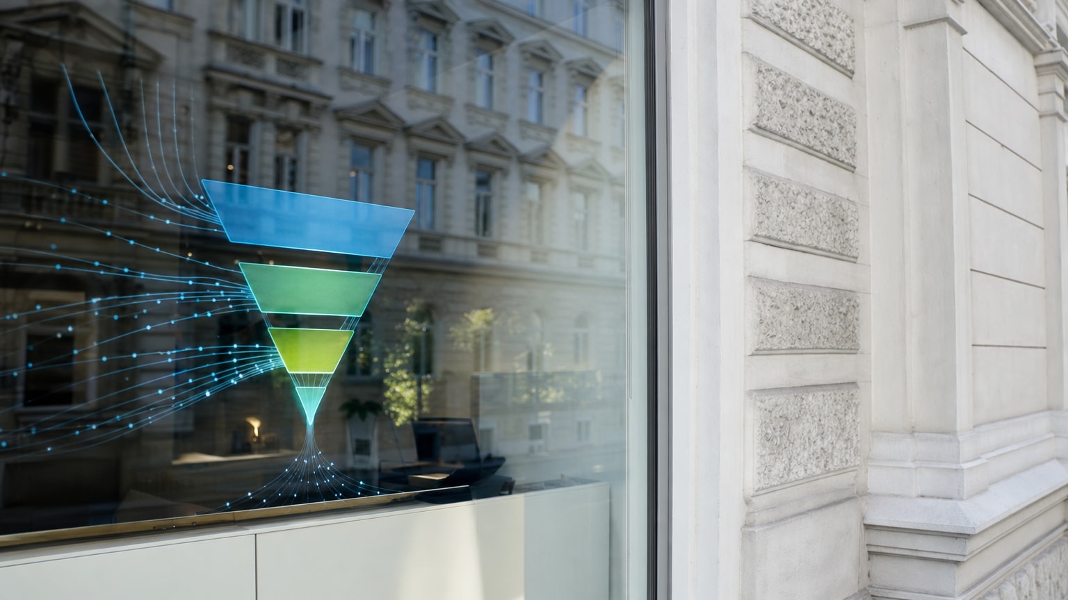 Abstraktes Dashboard mit Marketing-Funnel-Visualisierung, in dem KI-gestützte Datenströme die einzelnen Phasen von Analyse über Content bis Conversion verbinden – moderne, helle Farbgebung mit Blau- und Grüntönen.