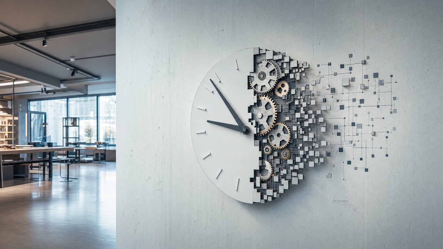 Ein stilisiertes Ziffernblatt einer Uhr, dessen Zeiger von Zahnrädern in eine digitale Datenstruktur übergehen. Symbolisiert die Transformation von manueller Zeit in digitale Effizienz. Helle, moderne Farben, Fokus auf Österreich/Europa.