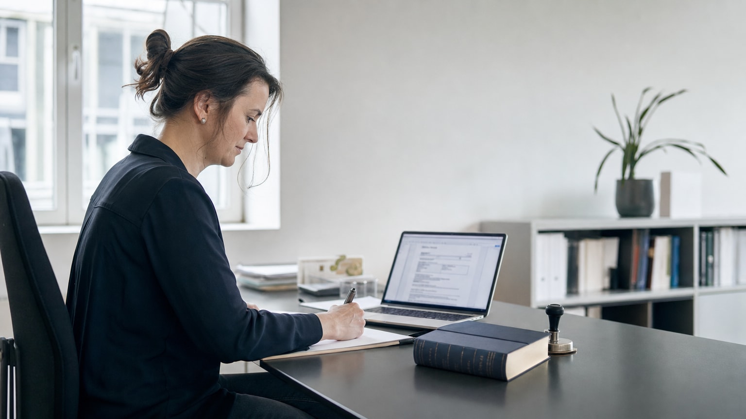 Ein aufgeräumter Schreibtisch mit einem Laptop, auf dem ein digitales Angebotsdokument zu sehen ist, daneben ein Gesetzbuch und ein Stempel – professionell, klar, vertrauenerweckend, in hellen Bürofarben.