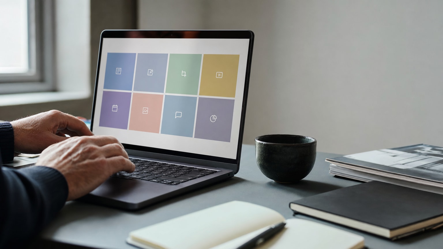 Ein aufgeräumter Schreibtisch mit Laptop, auf dem verschiedene Content-Tools als abstrakte, farblich unterschiedene Kacheln dargestellt werden — modern, klar, ohne überladene KI-Symbolik.