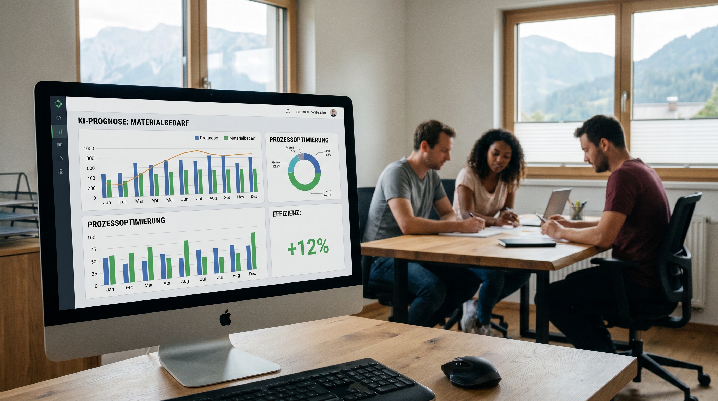 Moderne Büroumgebung in einem österreichischen KMU: Auf einem Bildschirm sind KI-gestützte Dashboards zu sehen, im Hintergrund arbeitet ein kleines Team konzentriert zusammen. Helle, freundliche Atmosphäre, keine futuristischen Elemente.