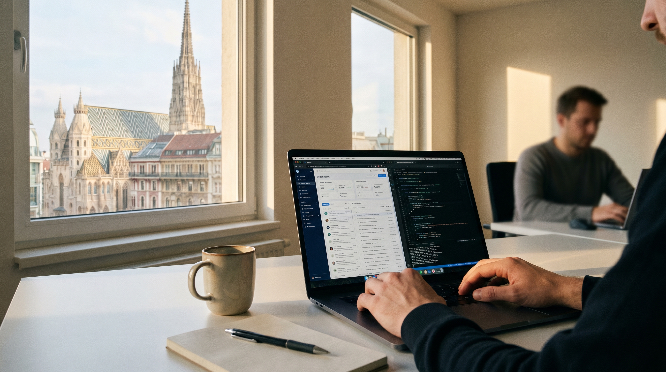 Ein aufgeräumter Schreibtisch in einem modernen österreichischen Büro mit Laptop, auf dem verschiedene Software-Interfaces zu sehen sind. Warmes Licht, professionelle Atmosphäre, im Hintergrund ein Fenster mit Stadtblick.
