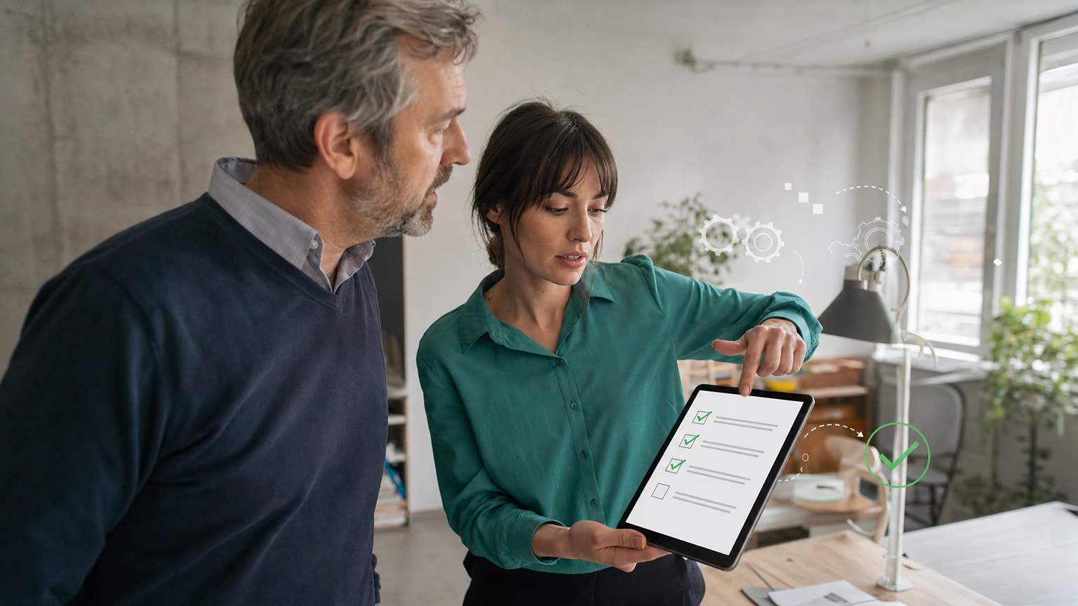 Eine stilisierte Checkliste auf einem Tablet-Bildschirm, umgeben von abstrakten Symbolen für Zahnräder, Datenflüsse und ein grünes Häkchen – im Hintergrund eine helle, moderne Büroumgebung eines kleinen Betriebs.
