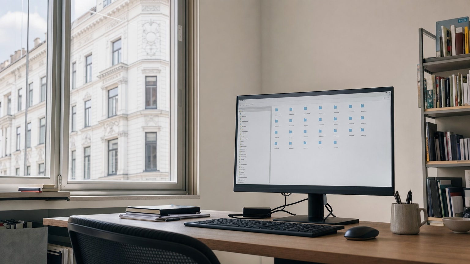 Ein aufgeräumter, modern eingerichteter Arbeitsplatz mit einem großen Monitor, auf dem eine klare, übersichtliche Ordnerstruktur zu sehen ist – Symbolbild für strukturiertes digitales Wissen in einem KMU-Büro.