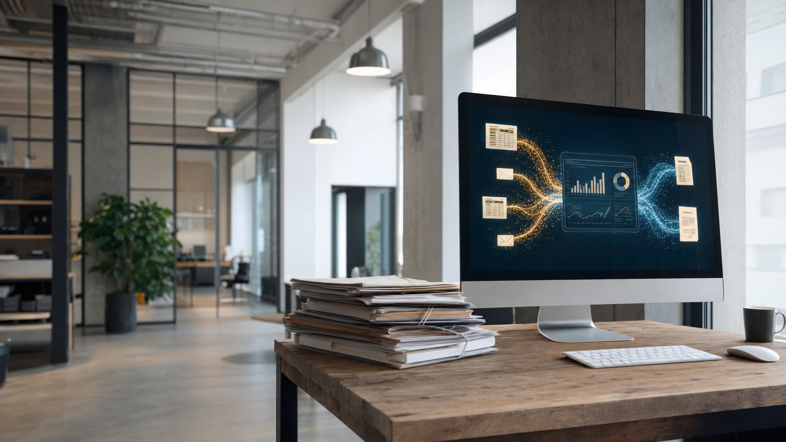 Abstrakte Darstellung eines digitalen Schatzes: Datenströme, die sich aus verschiedenen Quellen (Tabellen, E-Mails, Rechnungen) zu einem leuchtenden, klaren Dashboard verdichten. Warme, professionelle Farbgebung in Blau und Gold, österreichisches KMU-Umfeld im Hintergrund angedeutet.