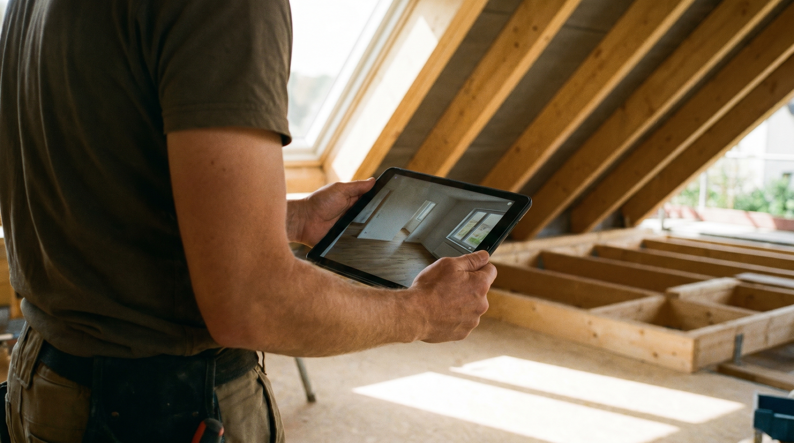 Ein Handwerker auf einer Baustelle nutzt ein Tablet mit einer KI-gestützten Aufmaß-App, im Hintergrund ein Dachstuhl. Warmes Tageslicht, moderne Arbeitsatmosphäre, keine Science-Fiction-Ästhetik.