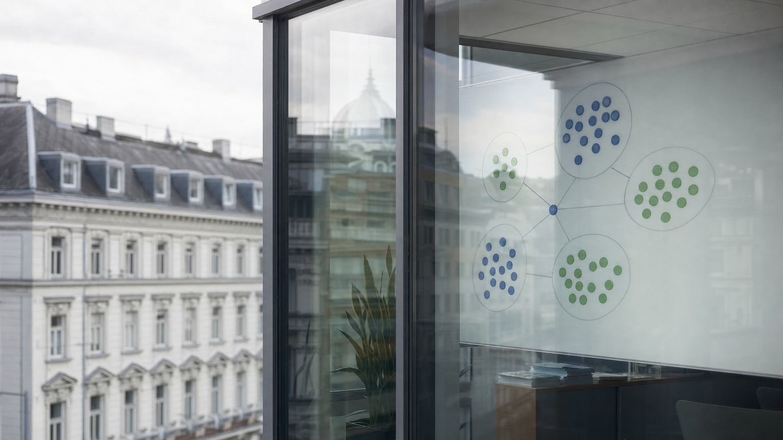 Abstrakte Darstellung von Kundendaten, die sich in klar definierte Segmente aufteilen – Kreise, Cluster und Verbindungslinien auf einem hellen, modernen Dashboard-Hintergrund in Blau- und Grüntönen.
