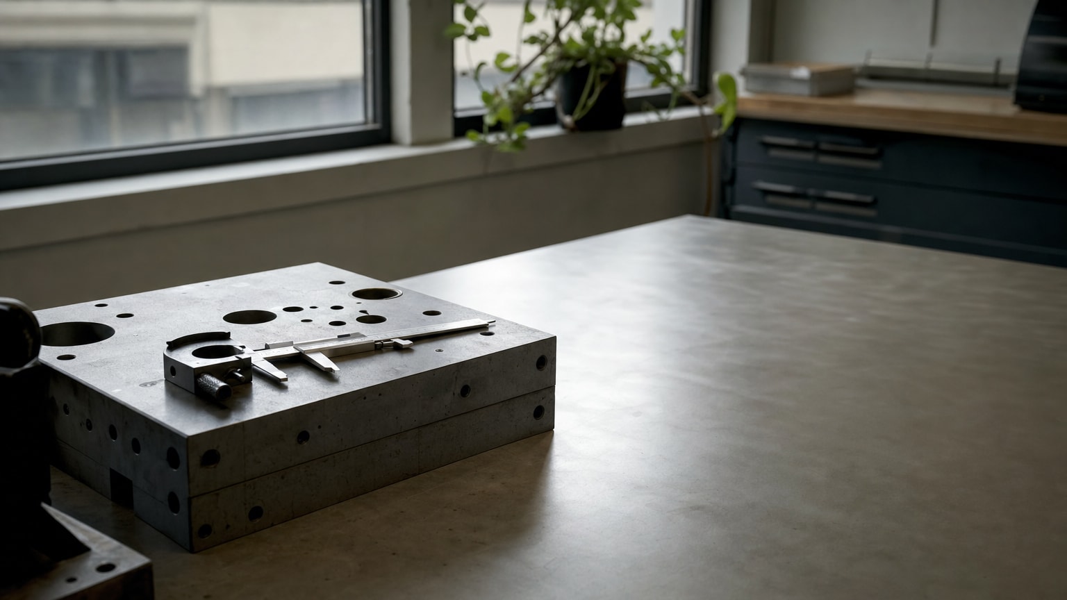 Ein modernes Tablet zeigt ein interaktives, visuell ansprechendes digitales Angebot mit konfigurierbaren Optionen und Echtzeit-Preisberechnung – im Hintergrund eine helle, aufgeräumte Werkstatt oder ein Büro eines österreichischen KMU.