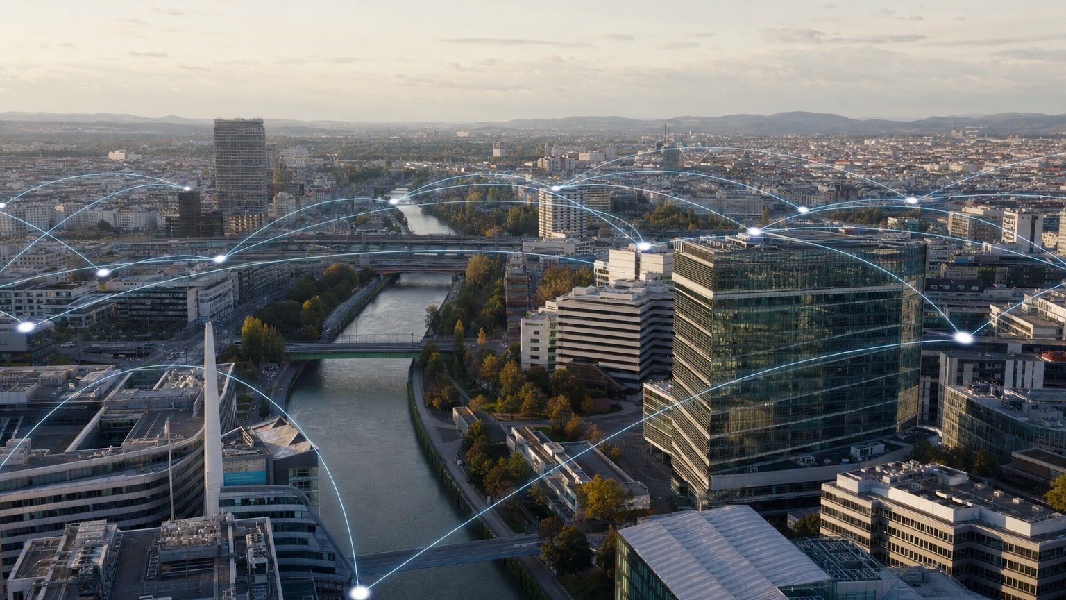 Luftaufnahme der Wiener Innenstadt mit modernen Bürogebäuden und digitalen Netzwerk-Linien, die verschiedene Standorte verbinden — symbolisch für ein vernetztes Ökosystem von KI-Dienstleistern.