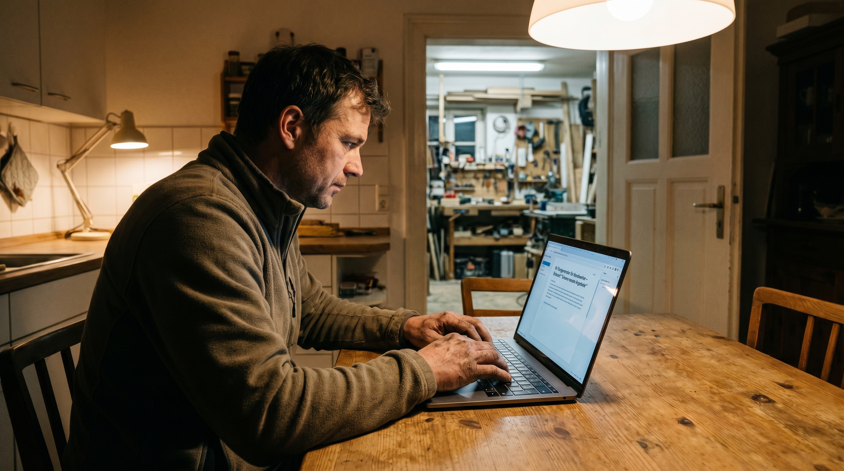 Ein Handwerker sitzt abends am Küchentisch vor einem Laptop, auf dem Bildschirm ein KI-gestützter Texteditor. Warmes Licht, authentische Werkstatt-Atmosphäre im Hintergrund. Symbolbild für kostenbewusstes digitales Marketing im Kleinbetrieb.