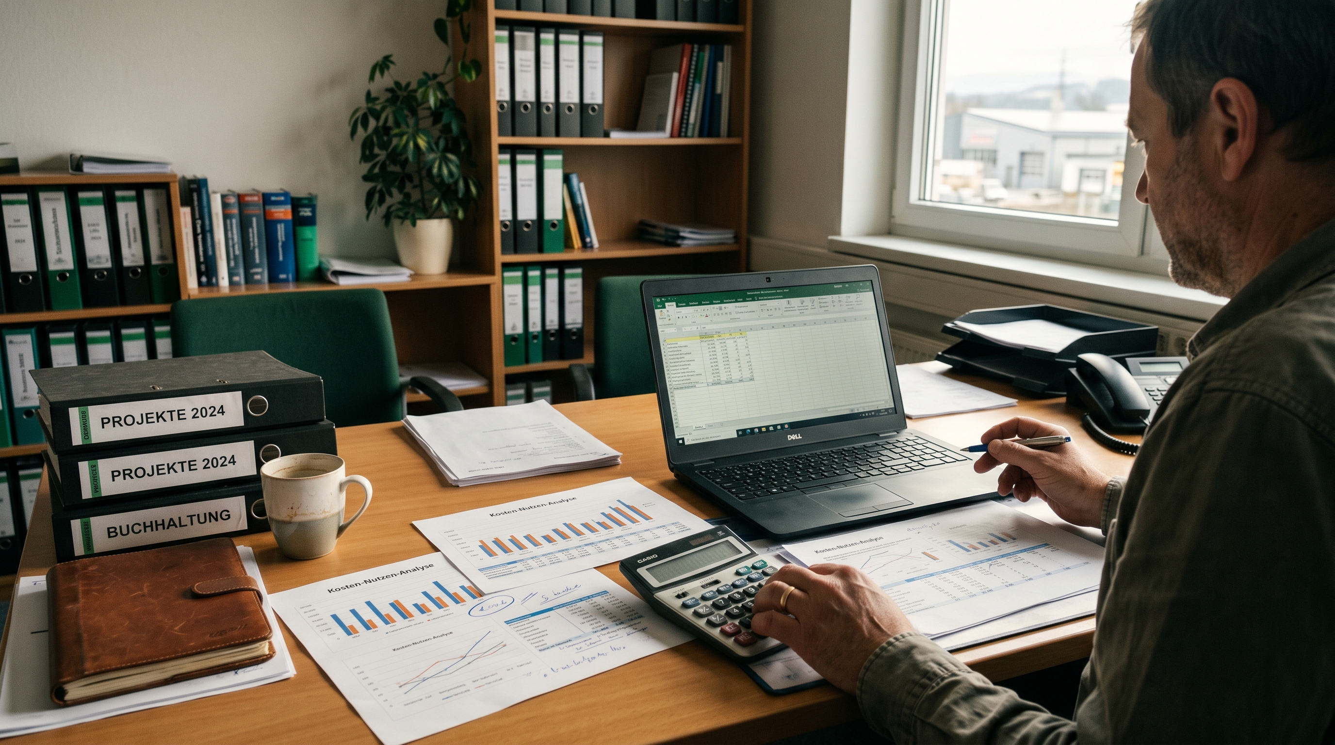 Schreibtisch eines KMU-Unternehmers mit Laptop, Taschenrechner und ausgedruckten Diagrammen zur Kosten-Nutzen-Analyse, warmes Licht, professionelle Atmosphaere