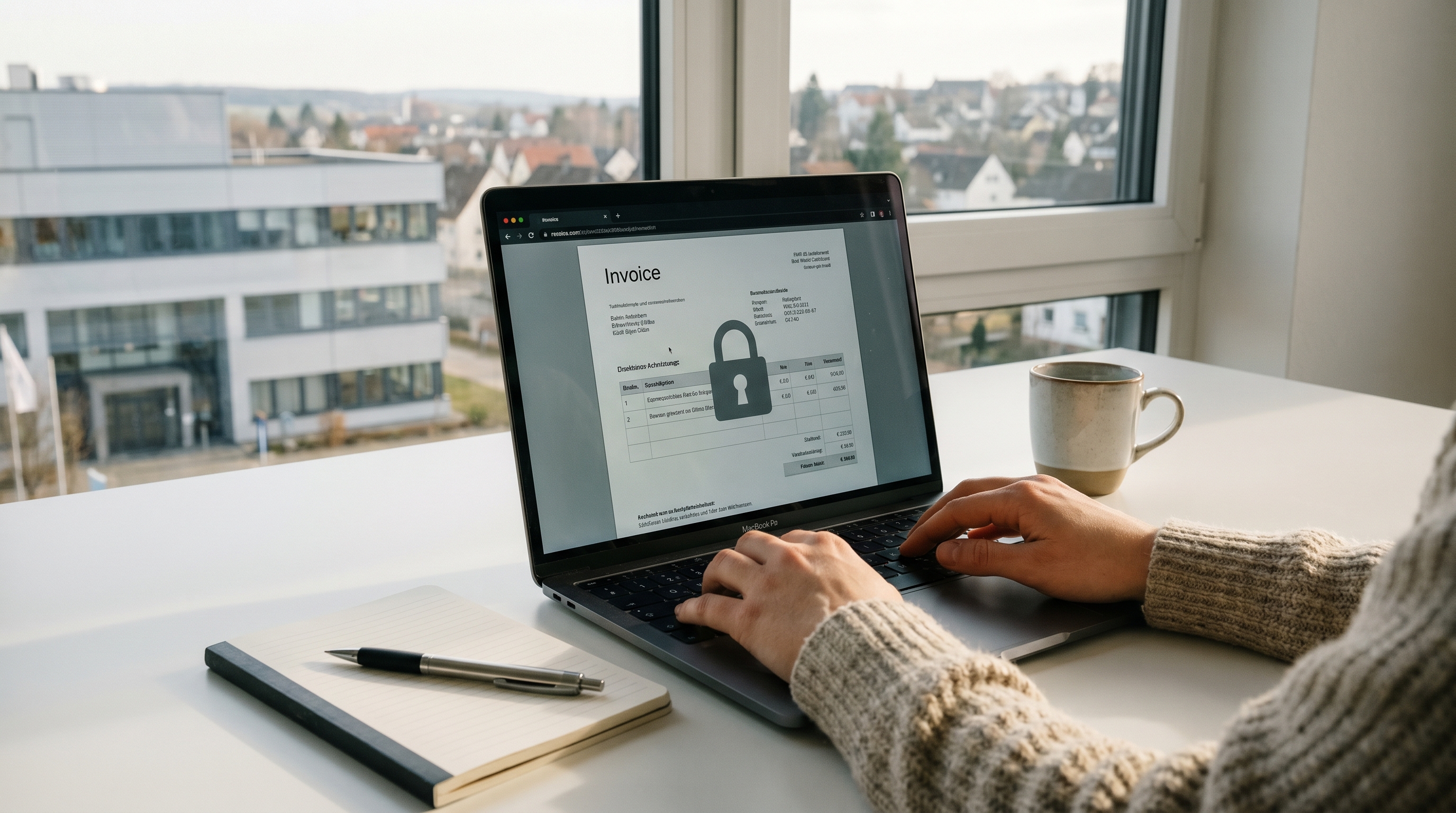 Ein aufgeräumter Schreibtisch mit einem Laptop, auf dessen Bildschirm ein digitales Rechnungsformular zu sehen ist, daneben ein Schloss-Symbol als Metapher für Datenschutz – in warmen, professionellen Farben gehalten.