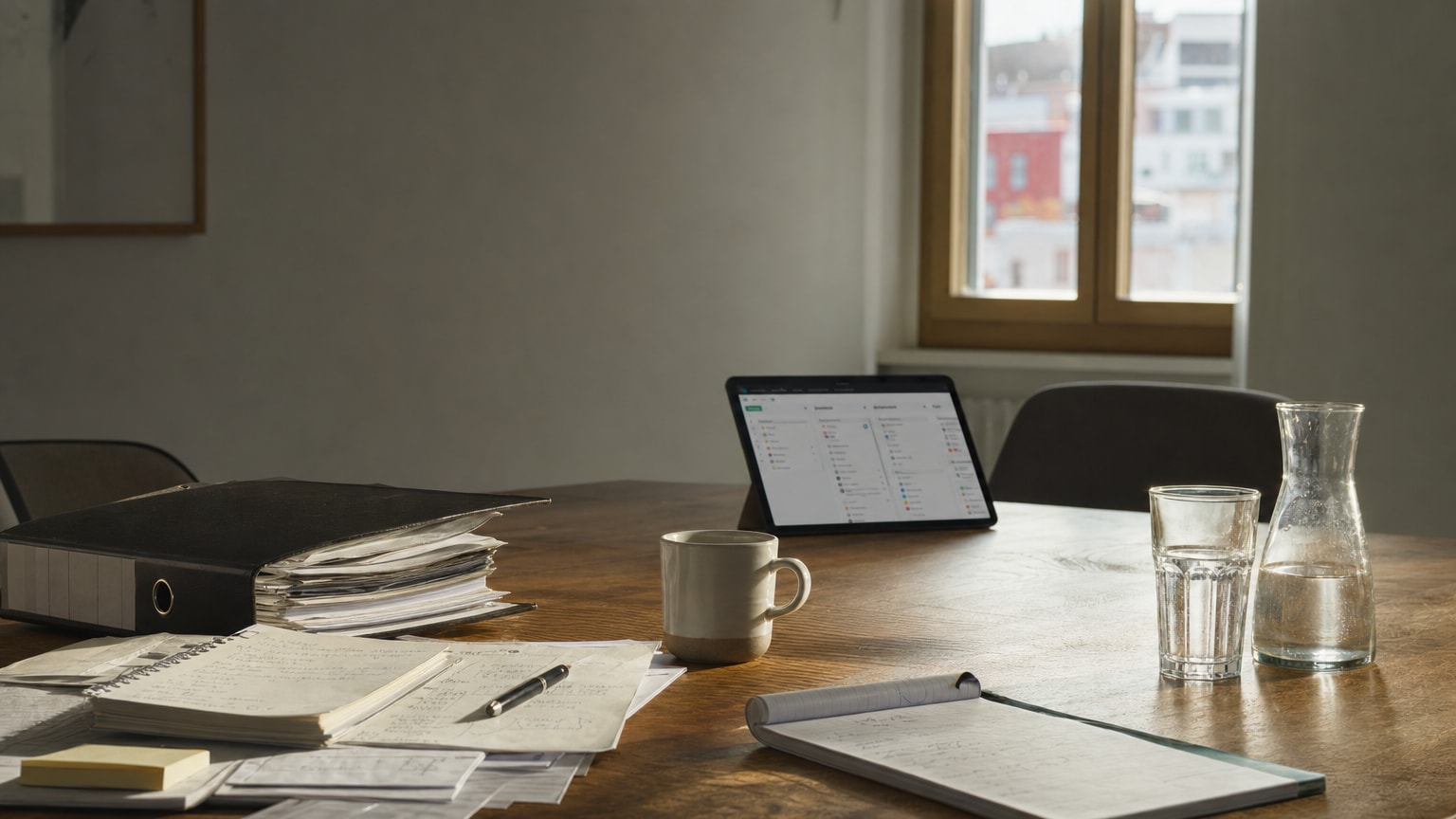Ein Besprechungstisch in einem kleinen Betrieb, auf dem noch Papierordner und handgeschriebene Notizen liegen, daneben ein aufgeklapptes Tablet mit einer modernen Workflow-Oberfläche. Warme, professionelle Lichtstimmung, die Übergang und Veränderung symbolisiert.