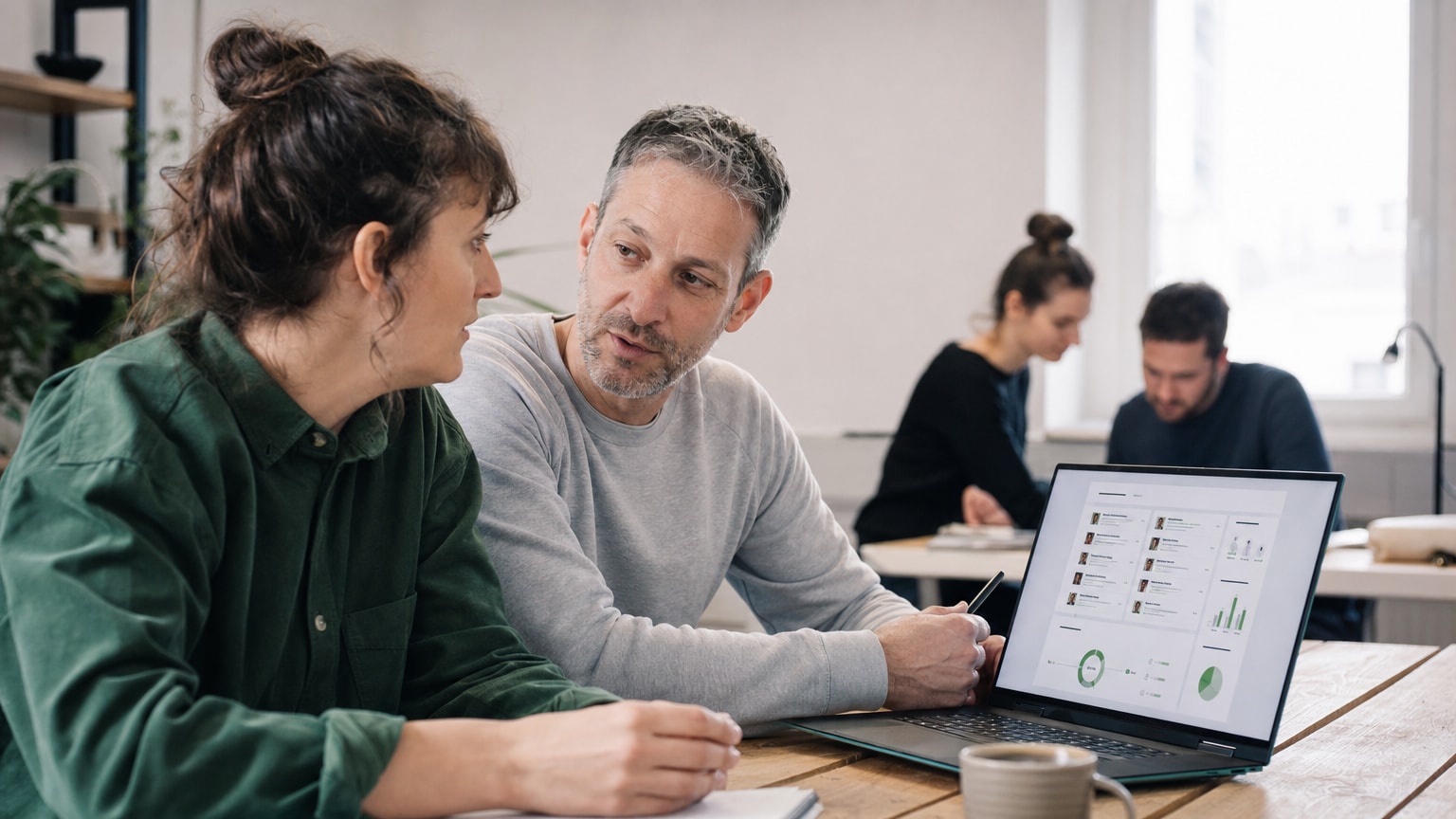 Ein kleines, helles Büro mit einem Schreibtisch, auf dem ein Laptop ein modernes Recruiting-Dashboard zeigt. Im Hintergrund ein Team aus wenigen Personen, das konzentriert zusammenarbeitet. Warme, zuversichtliche Atmosphäre.