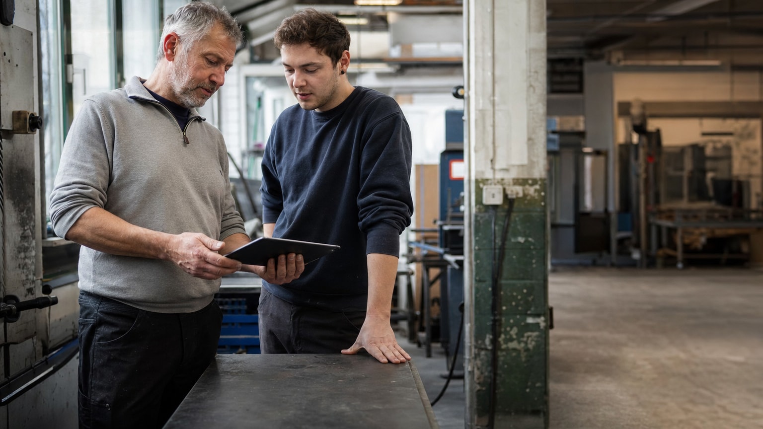 Ein erfahrener Handwerksmeister steht neben einem jüngeren Kollegen an einer Werkbank, während auf einem Tablet im Vordergrund eine digitale Wissensdatenbank sichtbar ist – Brücke zwischen analogem Erfahrungswissen und digitaler Dokumentation.