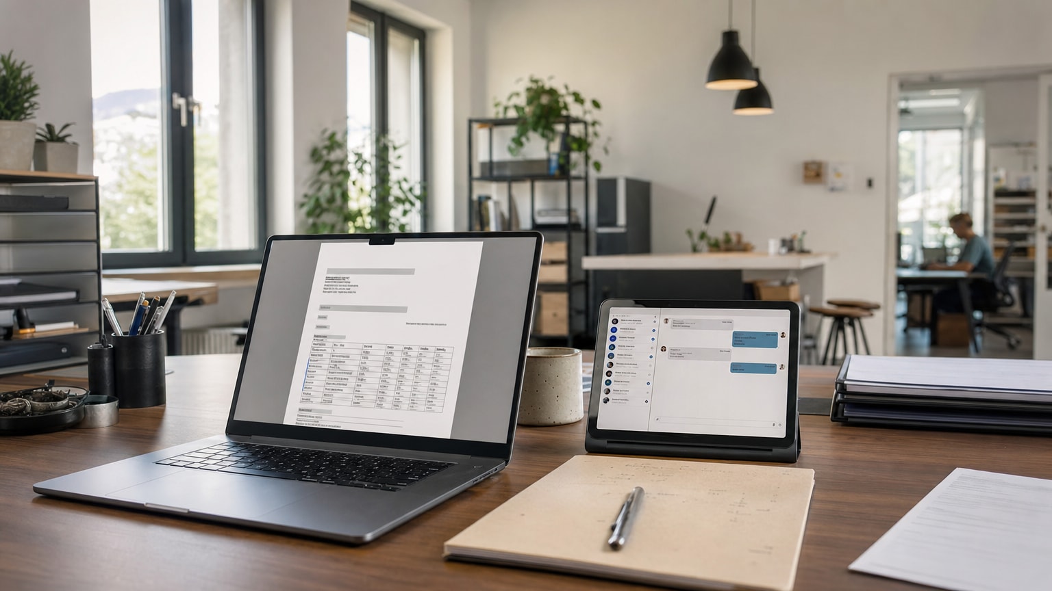 Ein aufgeräumter Schreibtisch mit einem Laptop, auf dem ein professionelles Angebotsformular zu sehen ist. Daneben ein Tablet mit einem Chat-Interface. Dezente, sachliche Atmosphäre in einem modernen Büro eines kleinen Handwerksbetriebs.