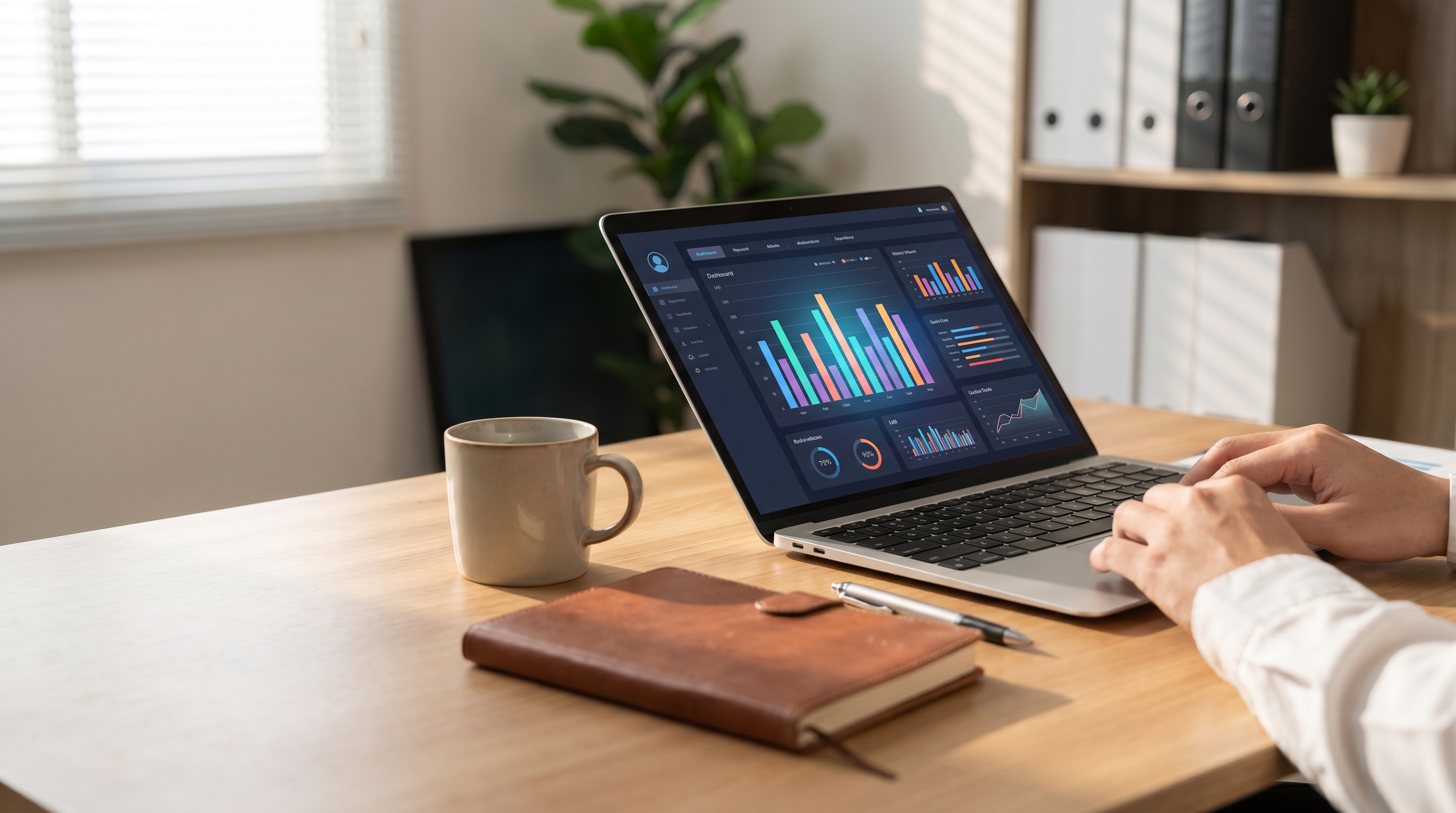 Ein aufgeräumter Schreibtisch in einem kleinen Büro mit einem Laptop, auf dessen Bildschirm ein übersichtliches, farbenfrohes Dashboard mit Diagrammen und Kennzahlen leuchtet. Daneben eine Kaffeetasse und ein Notizbuch – symbolisch für die Verbindung von alltäglichem Geschäftsalltag und moderner Datenanalyse.