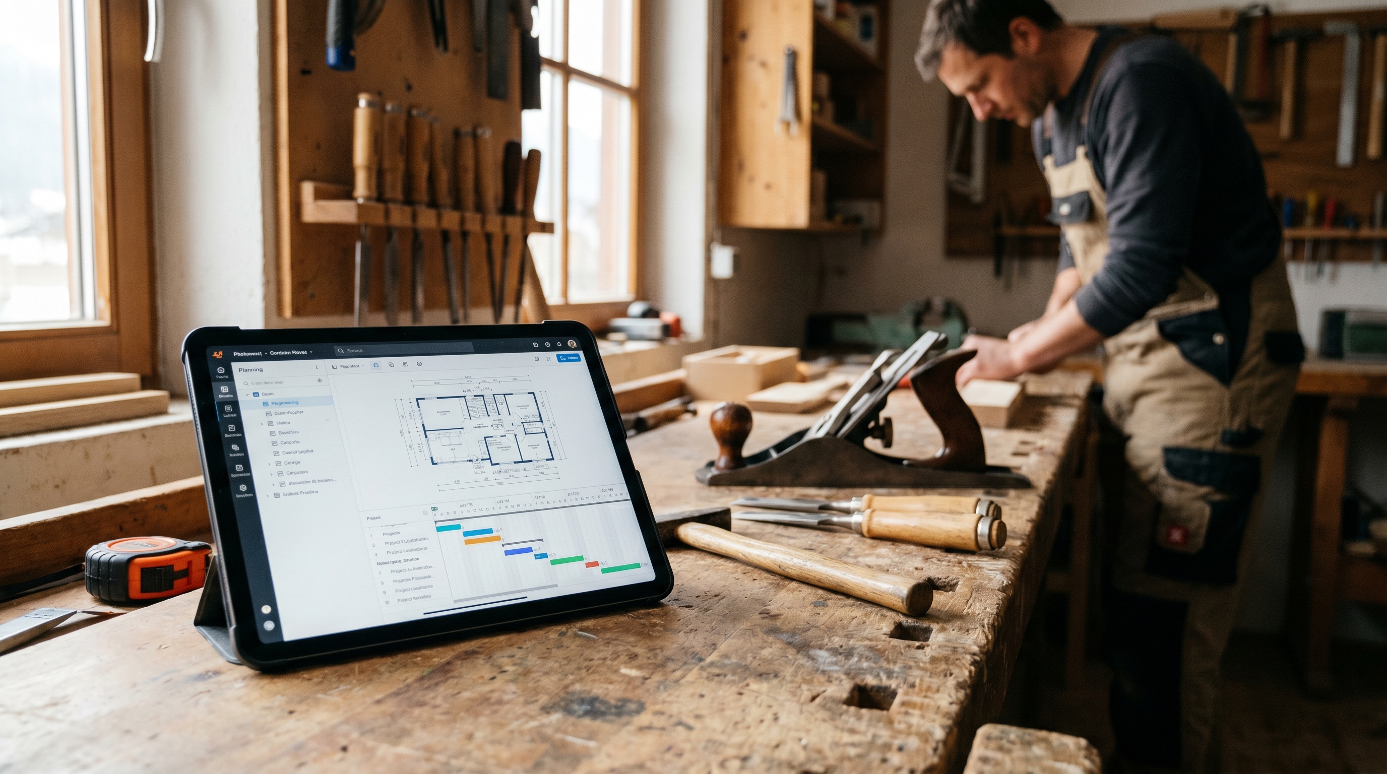Ein aufgeräumter Handwerksbetrieb mit Werkbank, auf der ein Tablet mit einer modernen Planungssoftware liegt – daneben klassisches Werkzeug. Warmes Licht, realistisch, keine futuristisch-übertriebene Darstellung.