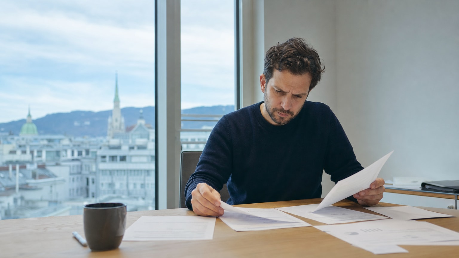 Ein Geschäftsführer steht an einem Schreibtisch und prüft kritisch Dokumente und Angebote verschiedener Dienstleister, im Hintergrund ein helles, modernes Büro mit österreichischem Stadtblick.