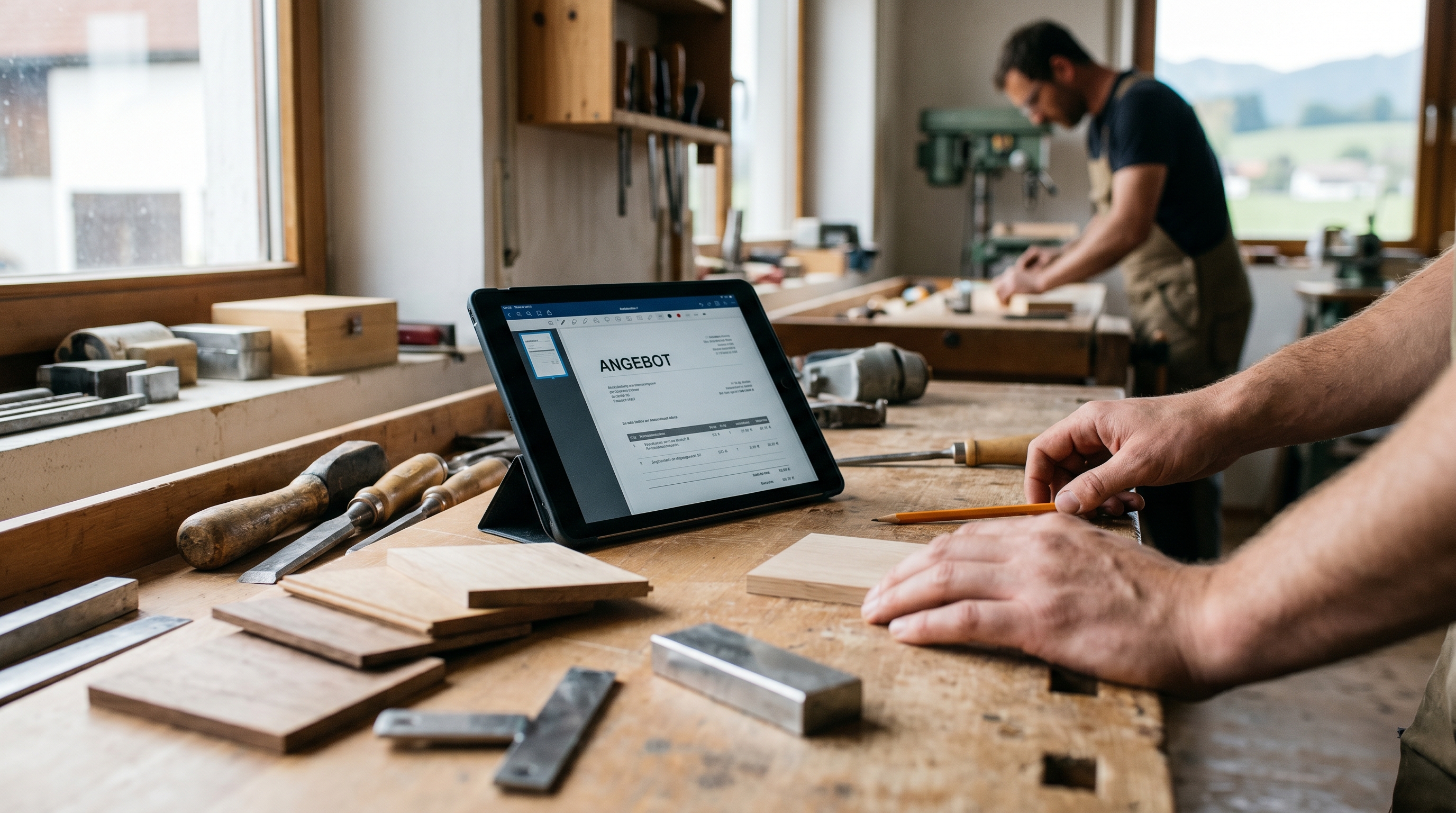 Ein aufgeräumter Schreibtisch in einer Handwerkswerkstatt, auf dem ein Tablet mit einem fertig generierten Angebot liegt, daneben Werkzeug und Materialproben — moderne Verbindung von Handwerk und Digitalisierung.