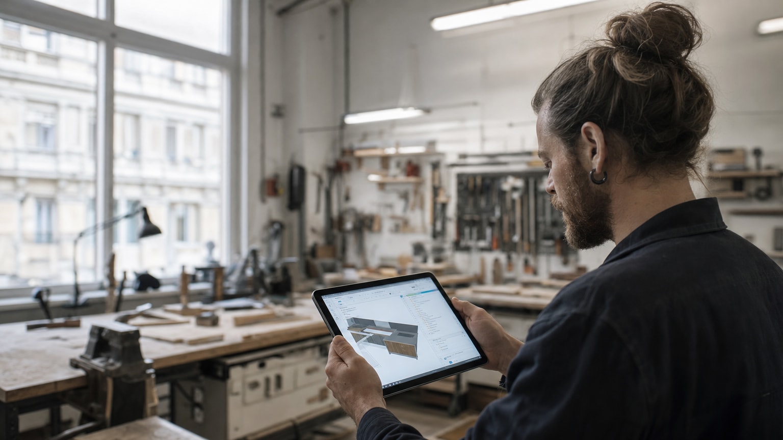 Eine moderne, helle Werkstatt eines Handwerksbetriebs. Im Vordergrund hält ein Handwerker ein Tablet, auf dem eine KI-gestützte Planungssoftware zu sehen ist. Der Hintergrund ist leicht unscharf und zeigt traditionelles Werkzeug, was den Brückenschlag zwischen Handwerk und Digitalisierung symbolisiert.