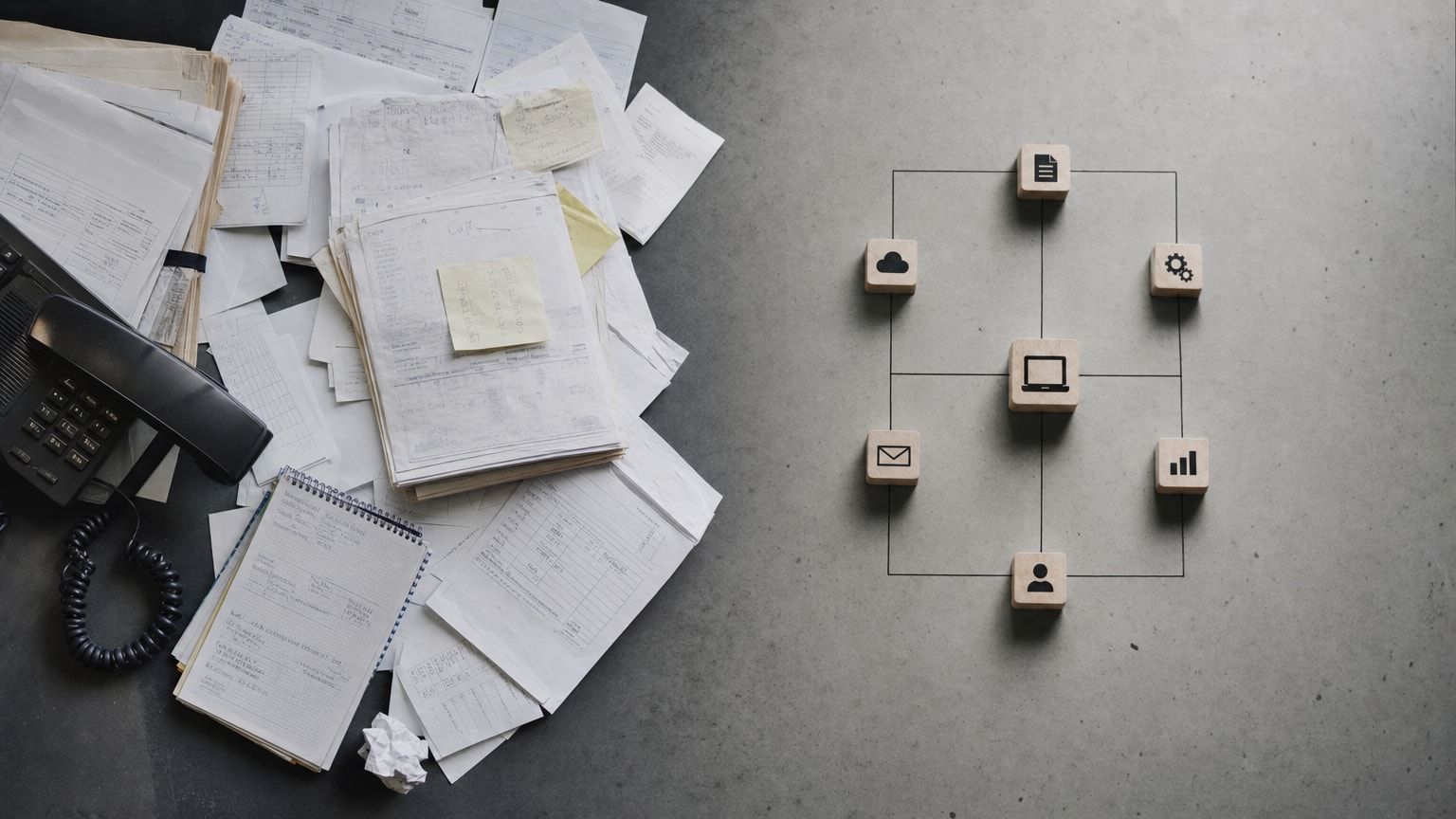 Eine schematische Darstellung, die einen unordentlichen, manuellen Prozess (Papier, Zettel, Telefon) auf der einen Seite einem sauberen, automatisierten digitalen Workflow (verbundene Software-Icons) auf der anderen Seite gegenüberstellt, um den Nutzen einer Digitalagentur zu visualisieren.