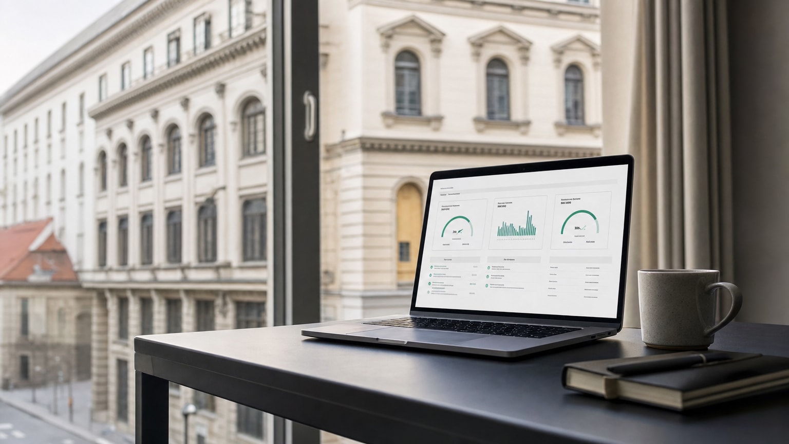 Ein aufgeräumter Schreibtisch mit einem Laptop, auf dem ein übersichtliches Dashboard mit drei klar hervorgehobenen Kennzahlen zu sehen ist. Daneben eine Tasse Kaffee und ein Notizbuch. Warme, professionelle Lichtstimmung.