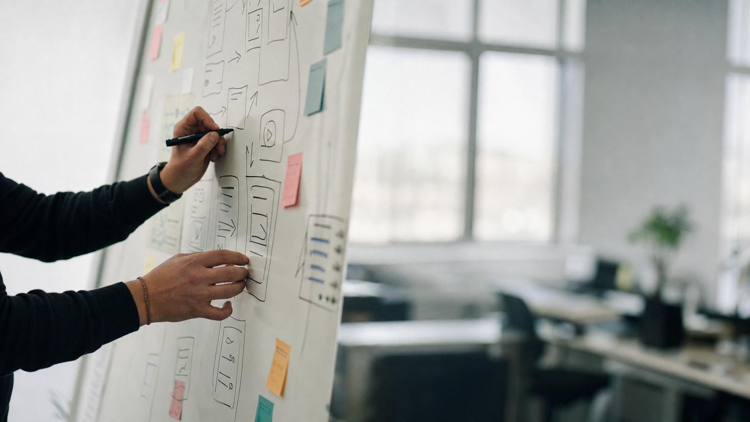 Eine strategische Skizze einer Content-Marketing-Kampagne auf einem Whiteboard, im Hintergrund ein modernes, helles Büro eines österreichischen KMU. Fokus auf Planung und Struktur.