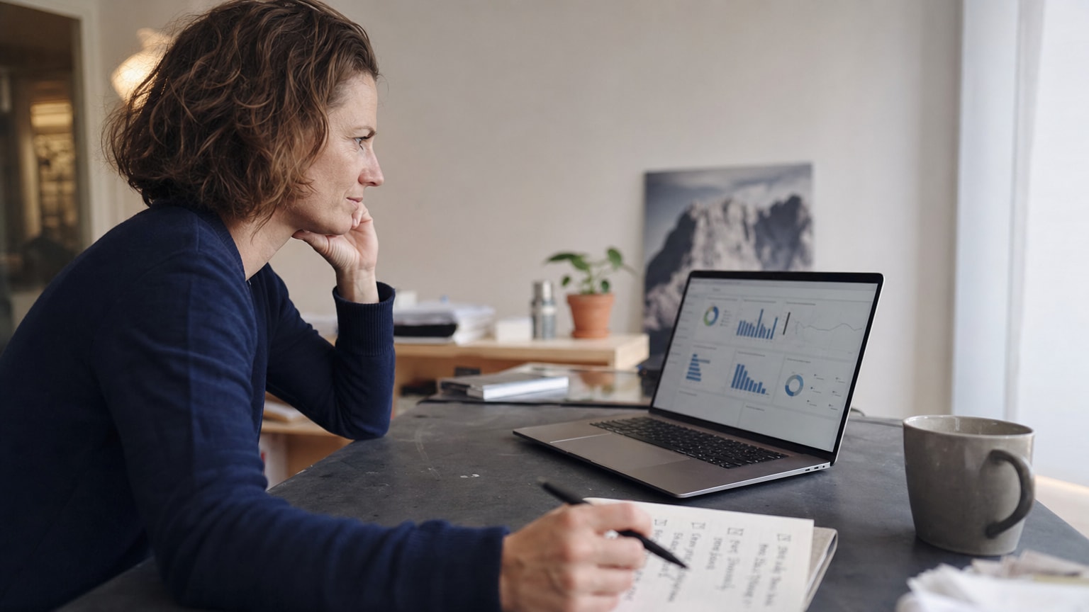 Ein aufgeräumter Schreibtisch mit einem Laptop, auf dem ein Dashboard mit Diagrammen zu sehen ist. Daneben liegt eine handschriftliche Checkliste mit Häkchen. Warme, professionelle Büroatmosphäre, österreichischer Mittelstandskontext.