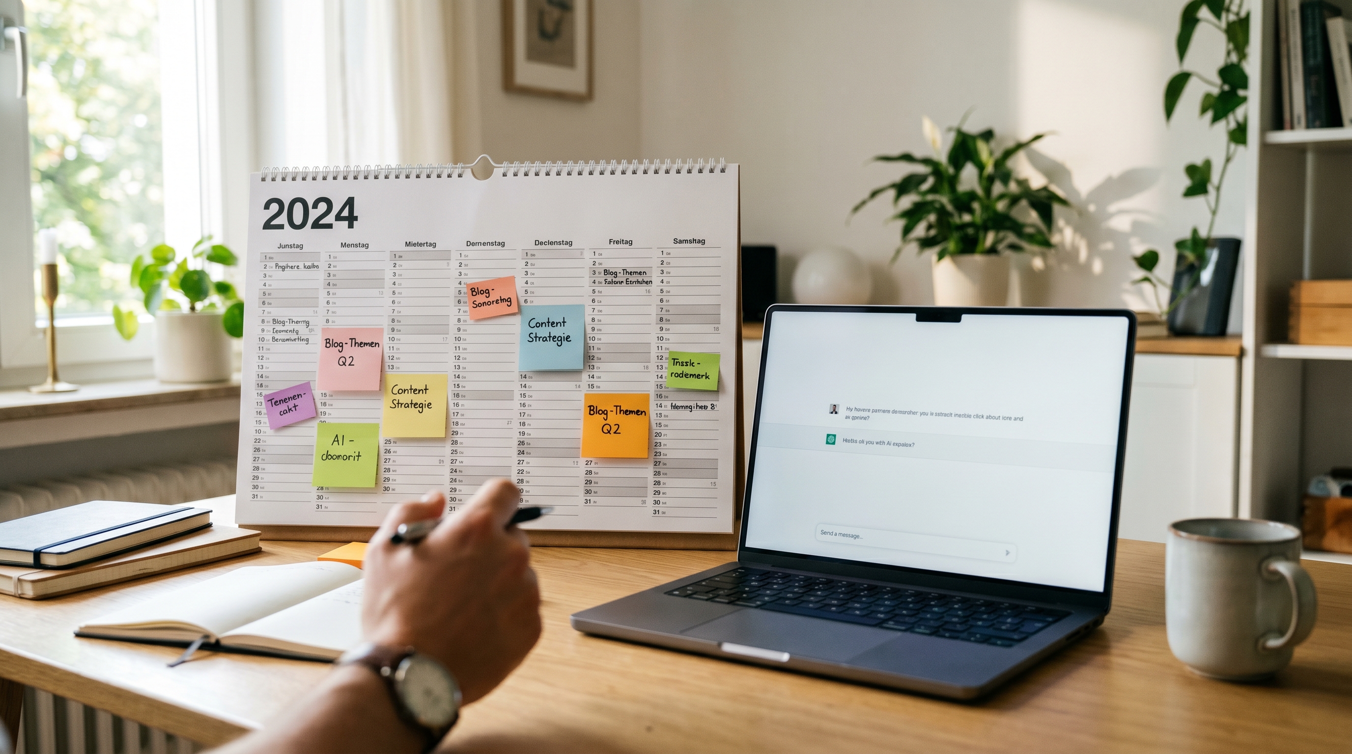 Ein aufgeräumter Schreibtisch mit einem großen Jahreskalender, auf dem farbige Haftnotizen mit Blog-Themen kleben. Daneben ein Laptop mit einer KI-Chat-Oberfläche. Helle, professionelle Atmosphäre.