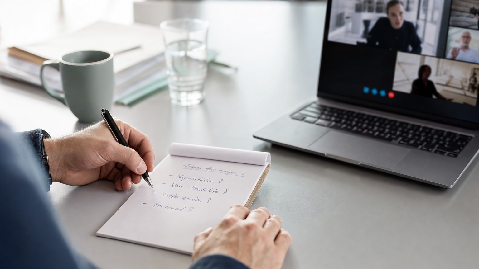 Ein Schreibtisch mit Notizblock, auf dem handschriftliche Fragen stehen, daneben ein aufgeklappter Laptop mit einem Videocall-Fenster – Business-Setting, österreichisches KMU-Büro, helle und sachliche Atmosphäre.