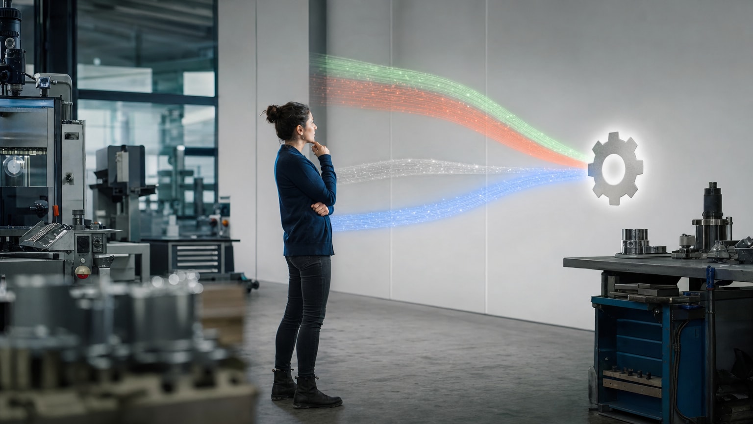 Eine abstrakte, futuristische Darstellung von drei leuchtenden Datenströmen (in den Farben von Google, Microsoft und einem neutralen dritten), die auf ein stilisiertes Zahnrad-Symbol treffen, das ein KMU repräsentiert. Der Hintergrund ist modern und clean, der Fokus liegt auf der strategischen Entscheidung.