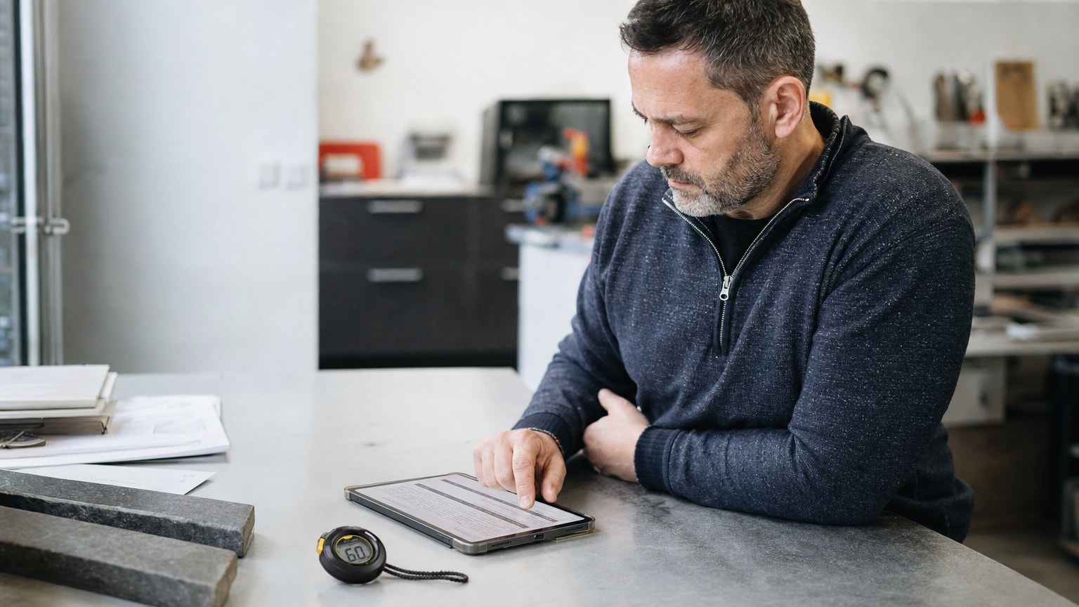 Ein aufgeräumter Schreibtisch in einem Handwerksbetrieb, auf dem ein Tablet ein fertiges Angebot anzeigt, daneben eine Stoppuhr die 60 Sekunden zeigt – modernes, helles Setting mit österreichischem Flair.