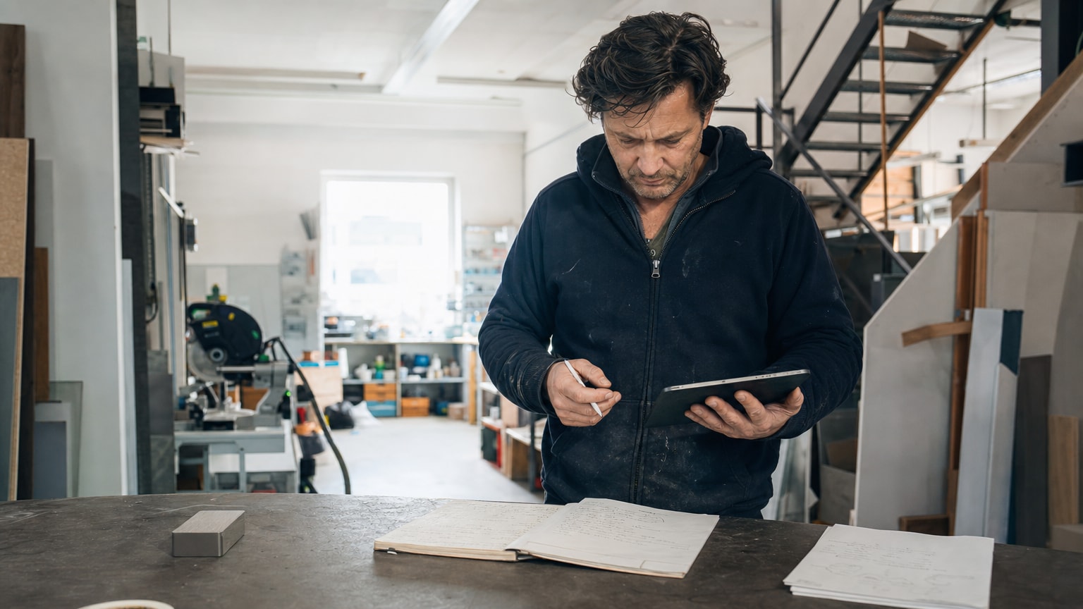 Ein Handwerker steht an einem Werkstatt-Schreibtisch und vergleicht auf einem Tablet eine KI-gestützte Angebotskalkulation mit handgeschriebenen Notizen. Im Hintergrund sieht man Werkzeuge und Materialien. Warme, professionelle Lichtstimmung.