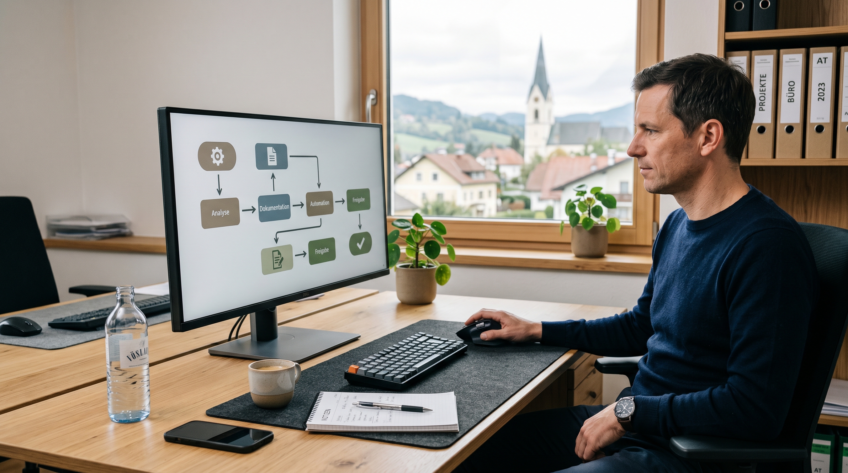 Ein aufgeräumter, moderner Schreibtisch in einem österreichischen Dienstleistungsbüro. Auf dem Bildschirm sind abstrakte Workflow-Diagramme zu sehen, die automatisierte Prozesse symbolisieren. Warmes, professionelles Licht, keine Roboter-Klischees.